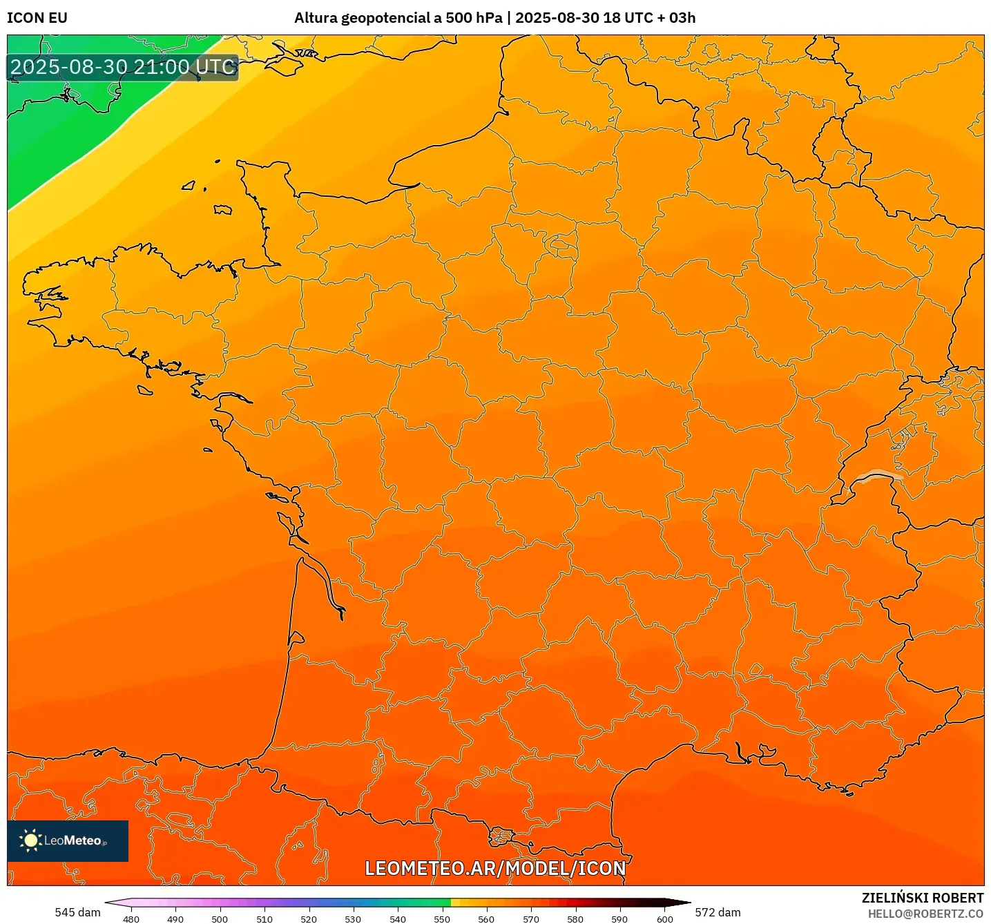 ICON model - Francia, Altura geopotencial a 500 hPa ICON model - Francia, Altura geopotencial a 500 hPa