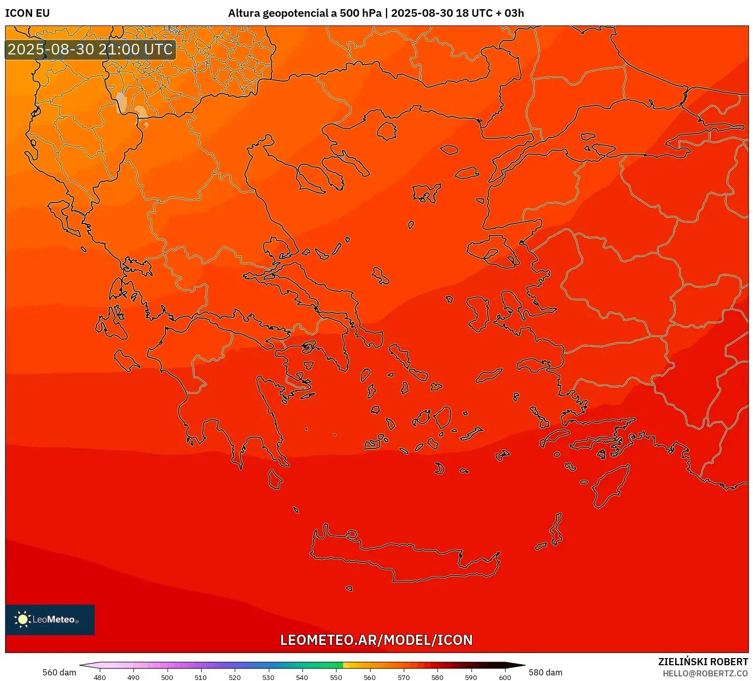 ICON model - Grecia, Altura geopotencial a 500 hPa ICON model - Grecia, Altura geopotencial a 500 hPa