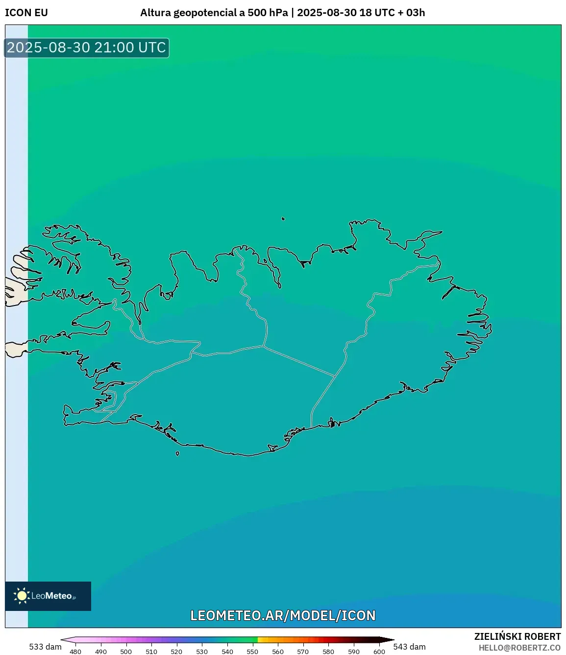 ICON model - Islandia, Altura geopotencial a 500 hPa ICON model - Islandia, Altura geopotencial a 500 hPa