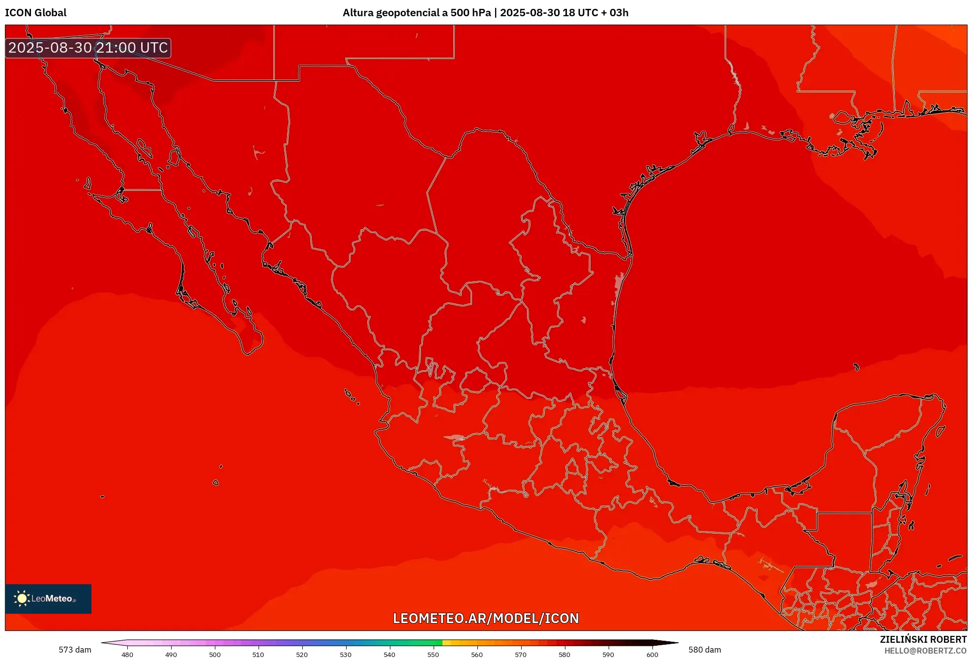 ICON model - México, Altura geopotencial a 500 hPa ICON model - México, Altura geopotencial a 500 hPa