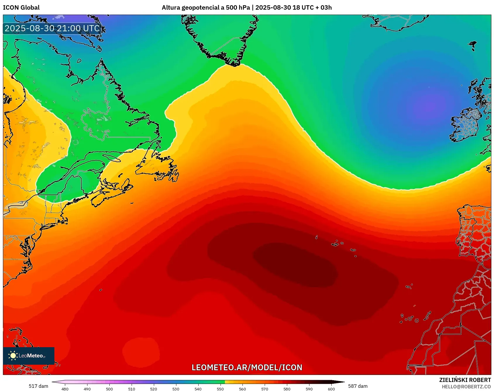 ICON model - Norte Atlántico, Altura geopotencial a 500 hPa ICON model - Norte Atlántico, Altura geopotencial a 500 hPa
