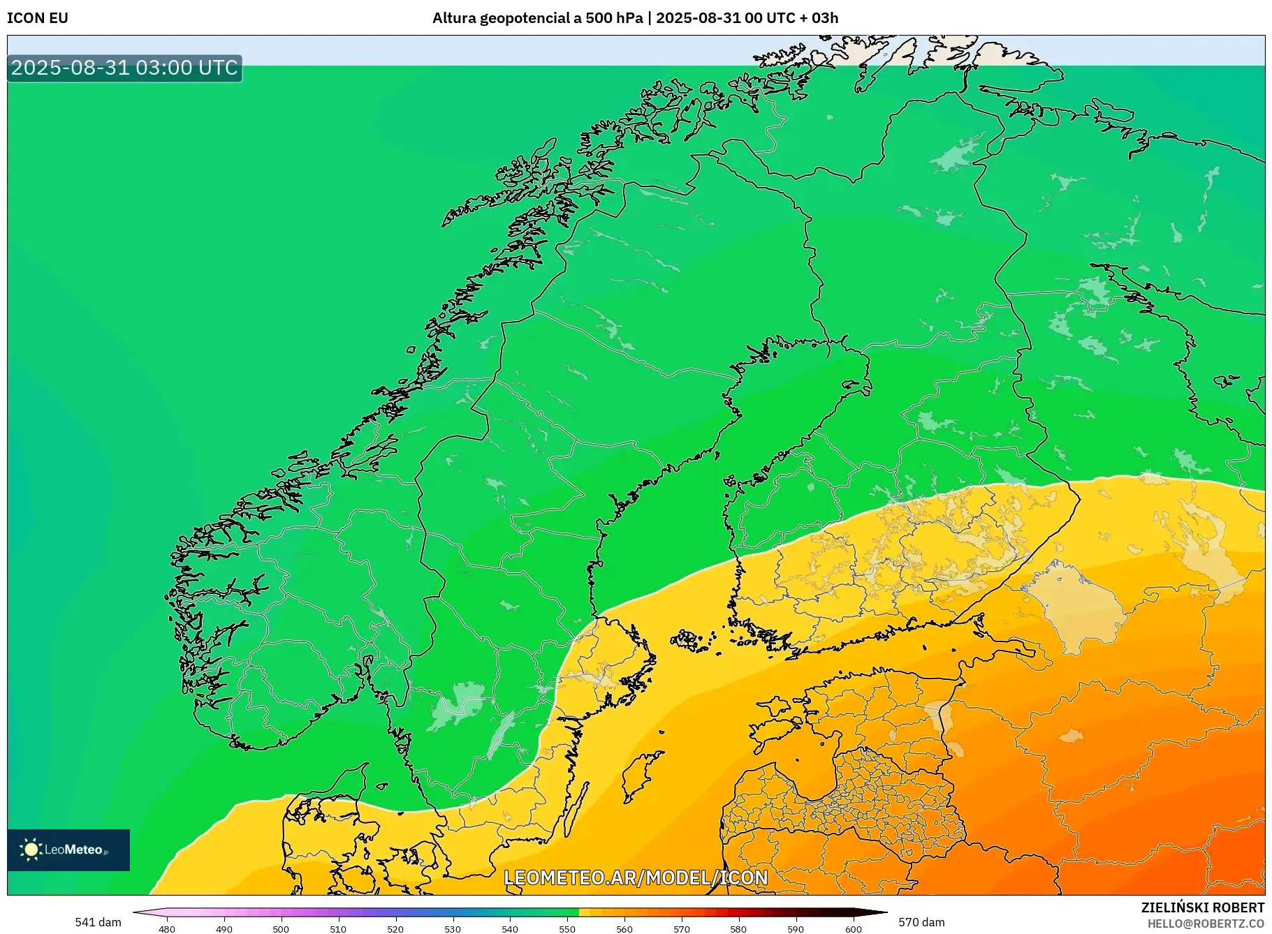 ICON model - Escandinavia, Altura geopotencial a 500 hPa ICON model - Escandinavia, Altura geopotencial a 500 hPa