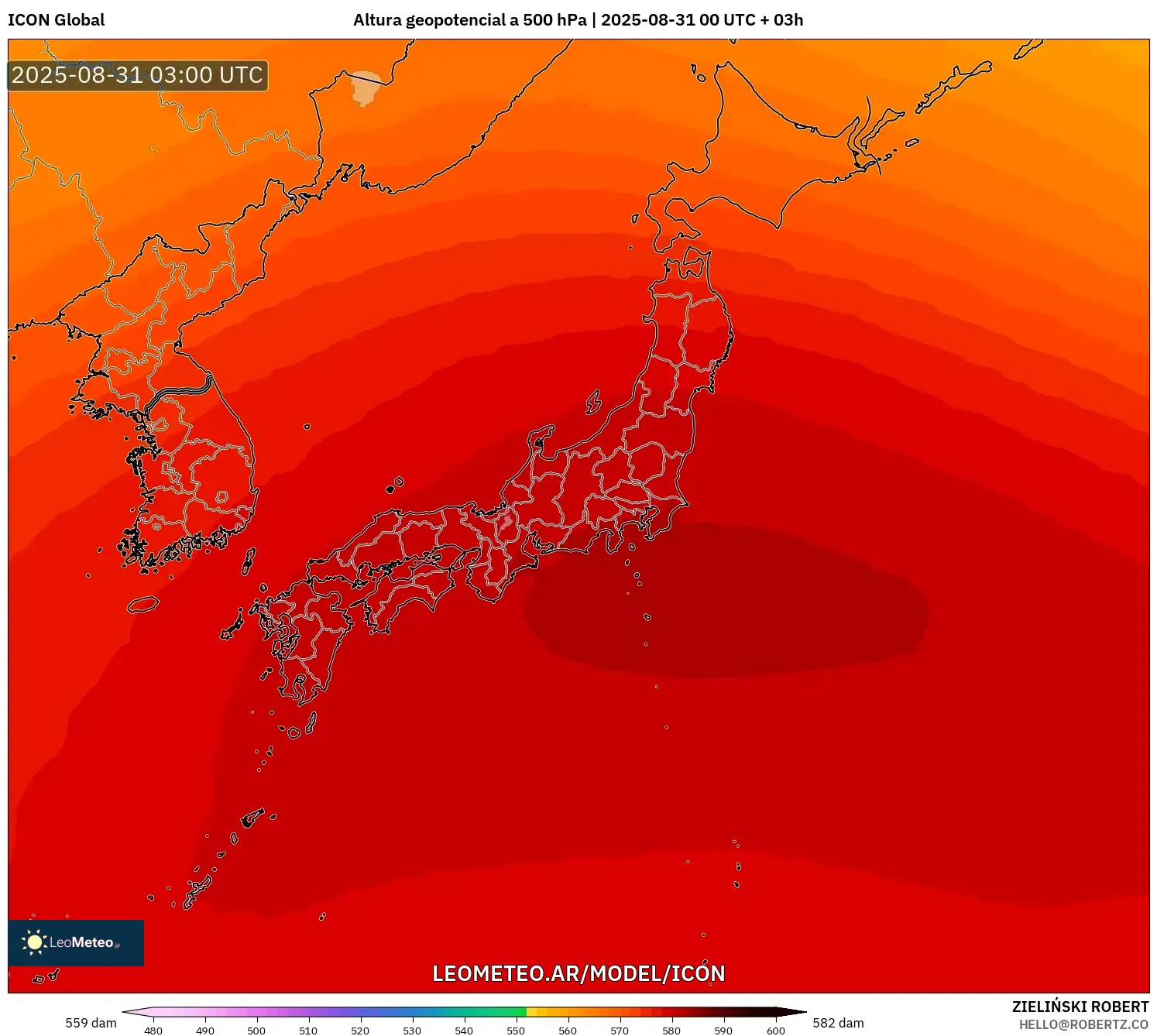 ICON model - Japón, Altura geopotencial a 500 hPa ICON model - Japón, Altura geopotencial a 500 hPa