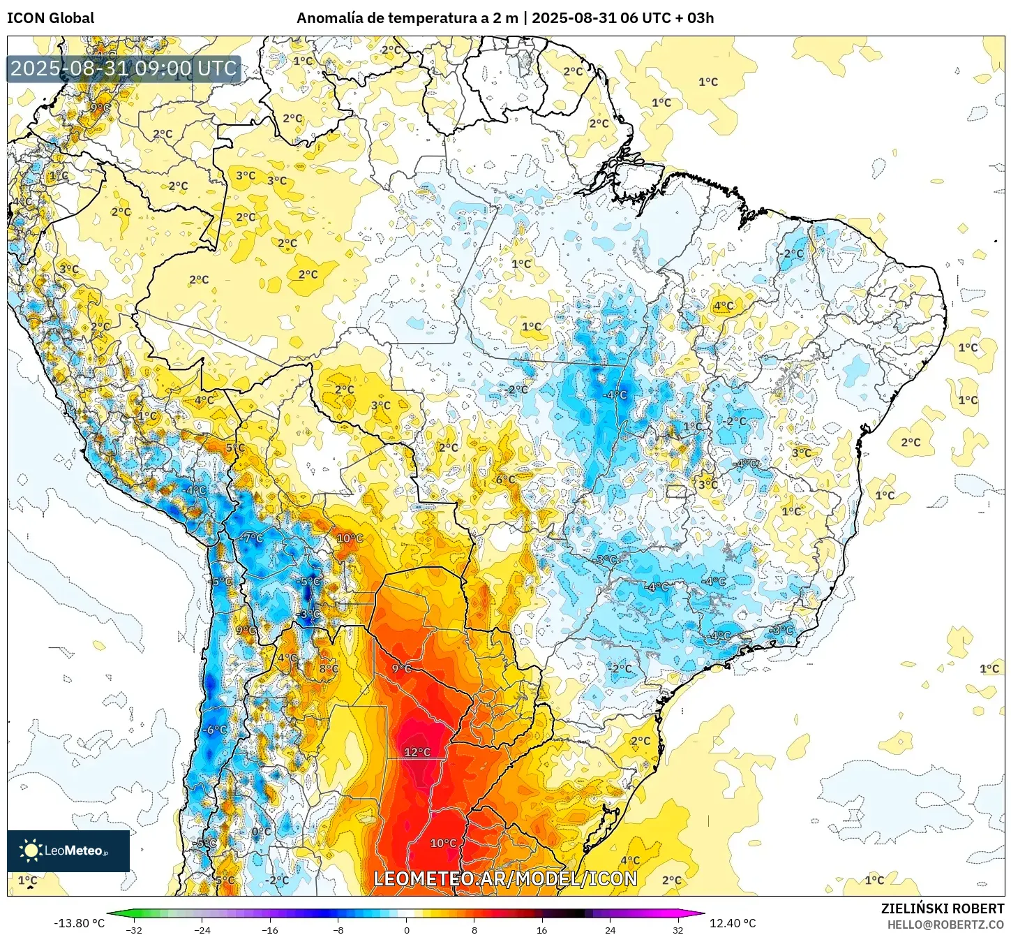 ICON model - Brasil, Anomalía de temperatura a 2 m ICON model - Brasil, Anomalía de temperatura a 2 m