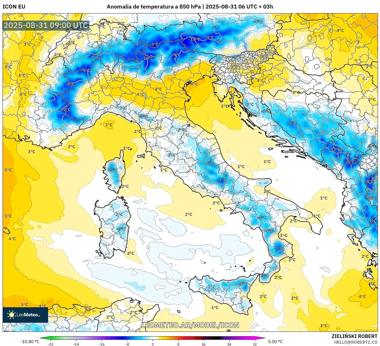 ICON model - Italia, Anomalía de temperatura a 850 hPa ICON model - Italia, Anomalía de temperatura a 850 hPa