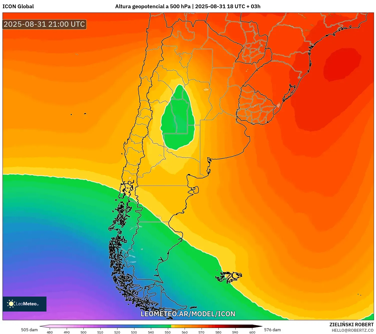 ICON model - Argentina, Altura geopotencial a 500 hPa ICON model - Argentina, Altura geopotencial a 500 hPa