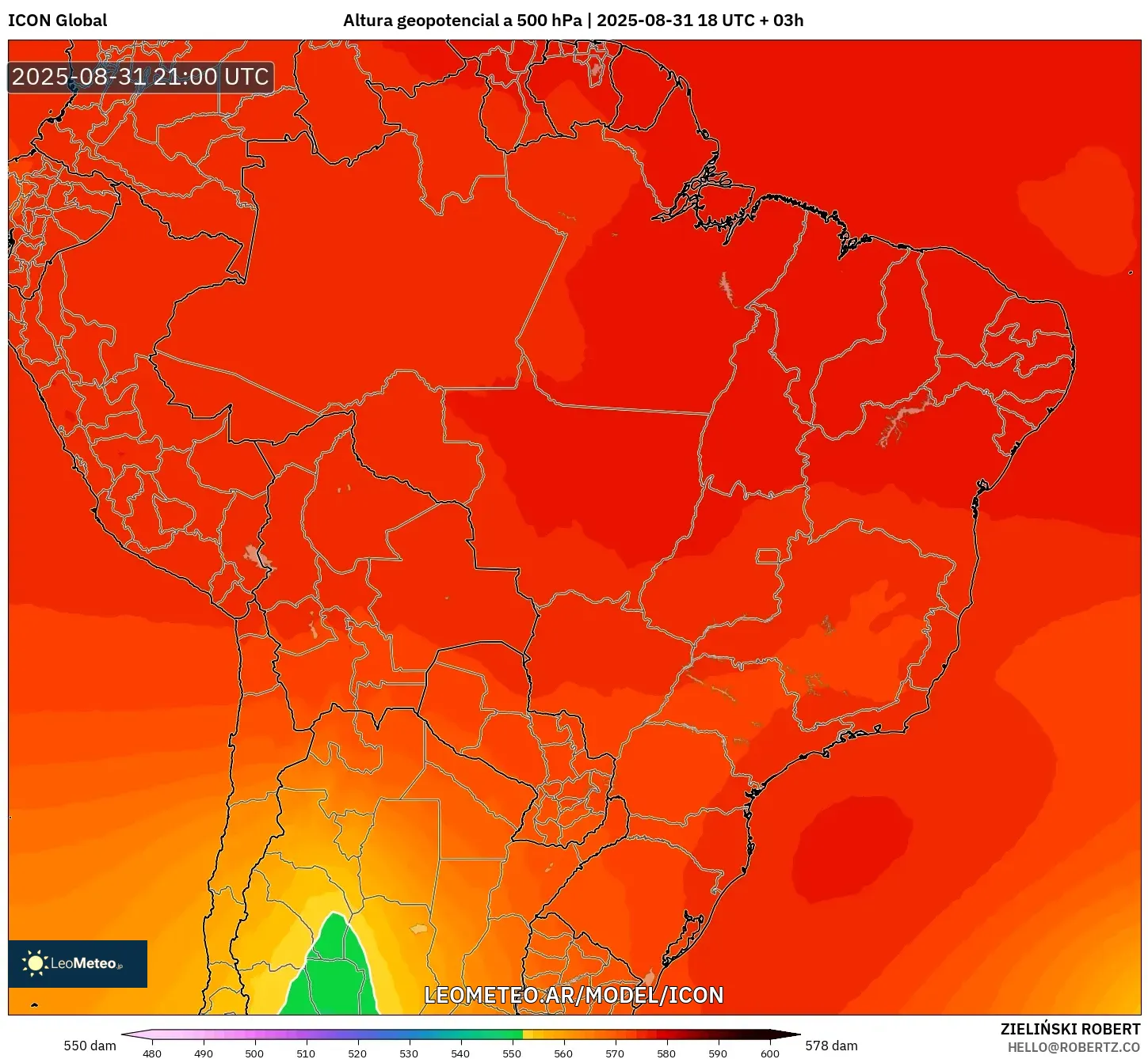 ICON model - Brasil, Altura geopotencial a 500 hPa