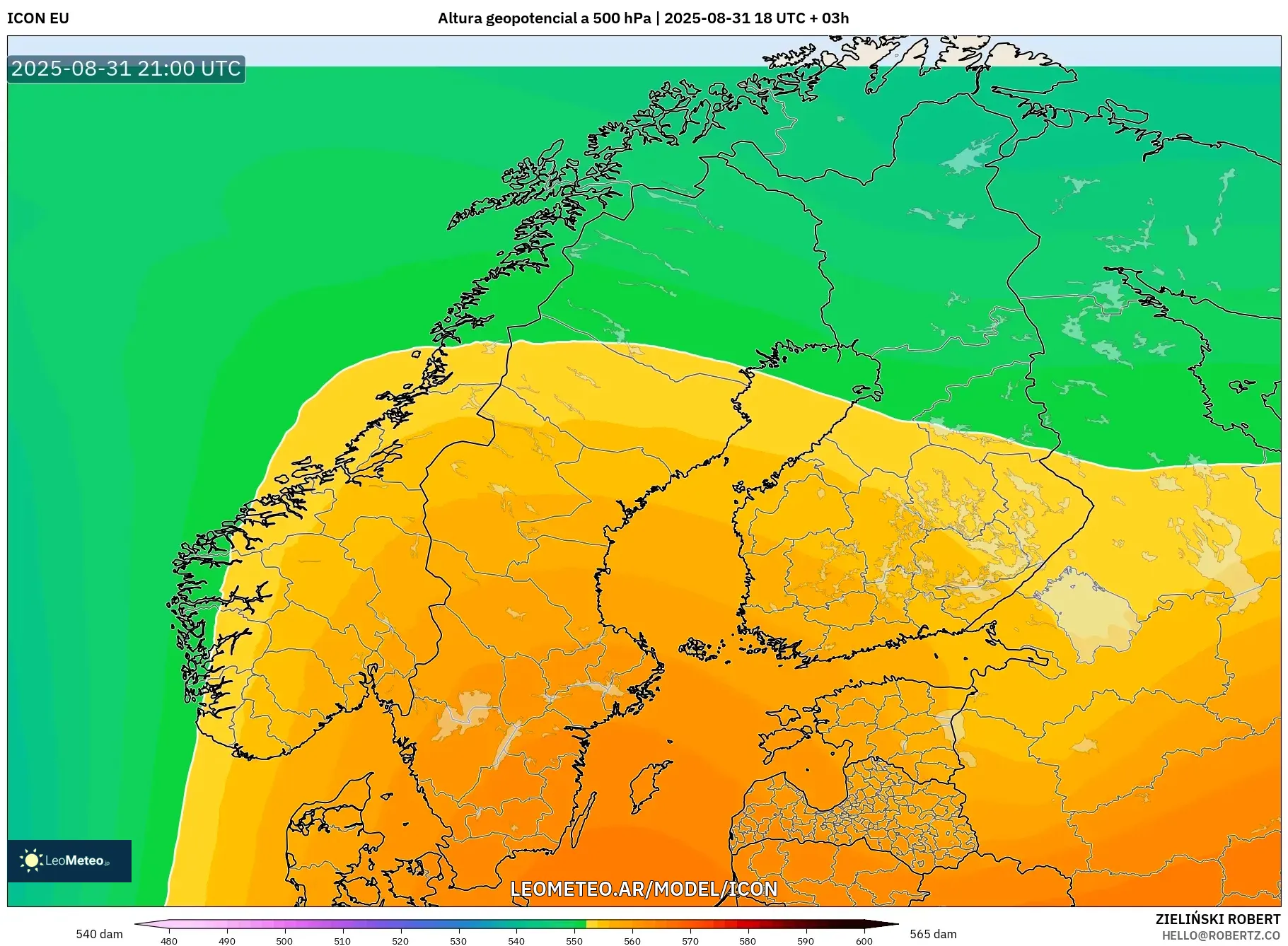 ICON model - Escandinavia, Altura geopotencial a 500 hPa ICON model - Escandinavia, Altura geopotencial a 500 hPa