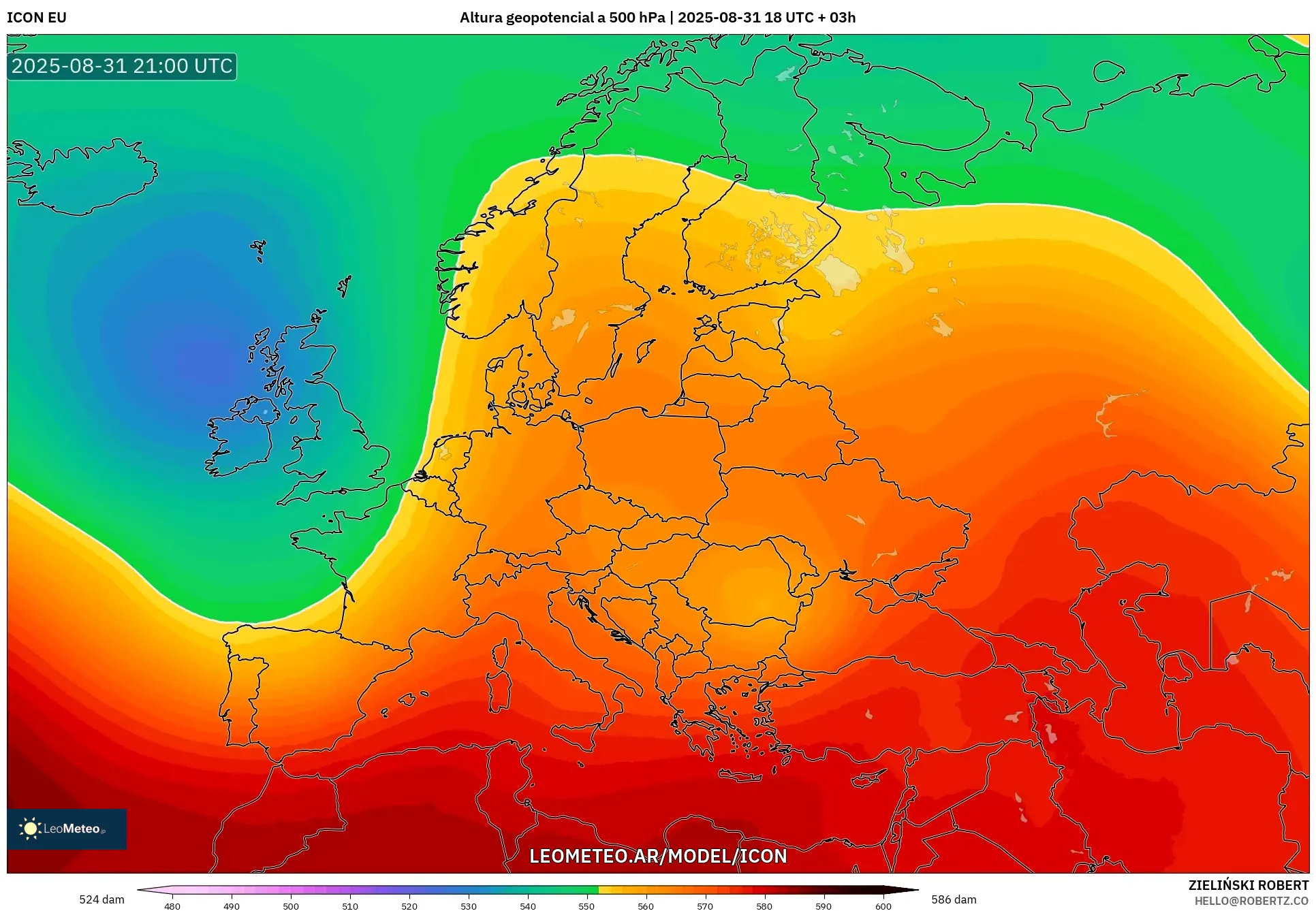ICON model - Europa, Altura geopotencial a 500 hPa ICON model - Europa, Altura geopotencial a 500 hPa