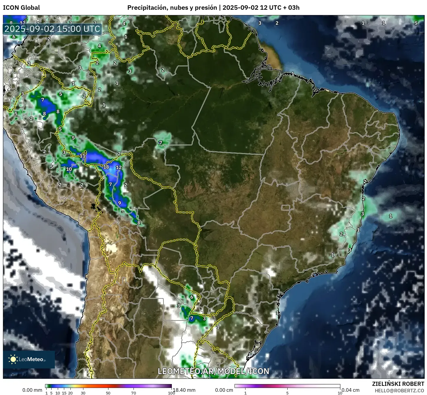 ICON model - Brasil, Precipitación, nubes y presión ICON model - Brasil, Precipitación, nubes y presión