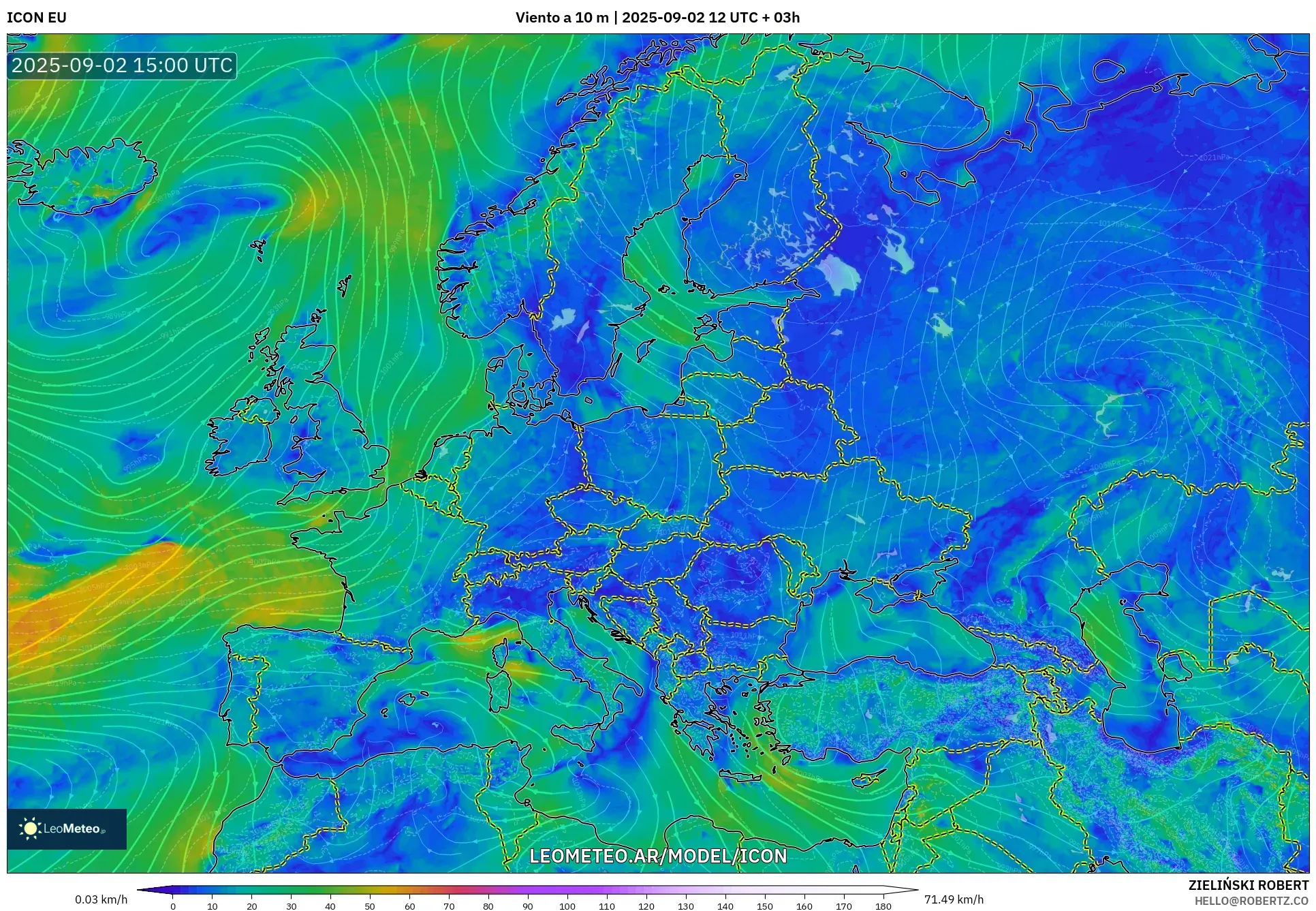 ICON model - Europa, Viento a 10 m ICON model - Europa, Viento a 10 m
