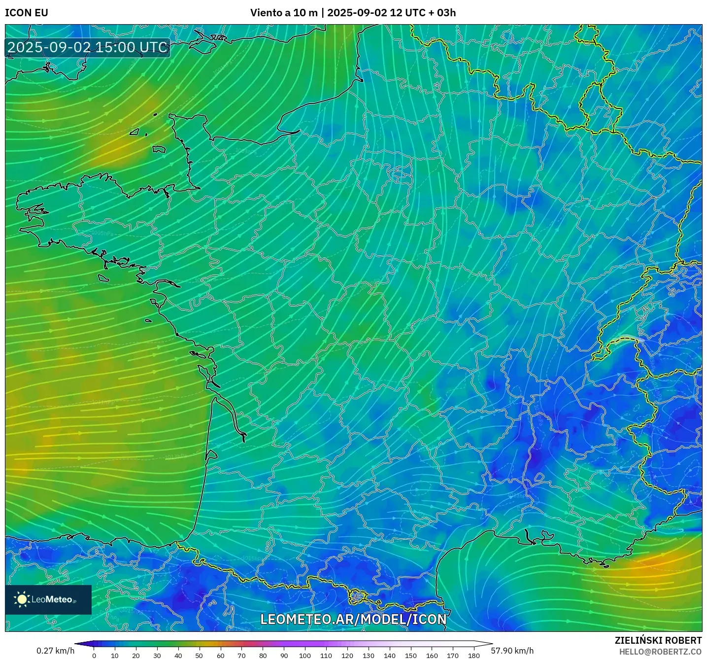 ICON model - Francia, Viento a 10 m ICON model - Francia, Viento a 10 m