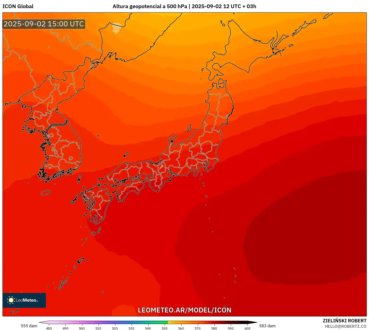 ICON model - Japón, Altura geopotencial a 500 hPa ICON model - Japón, Altura geopotencial a 500 hPa