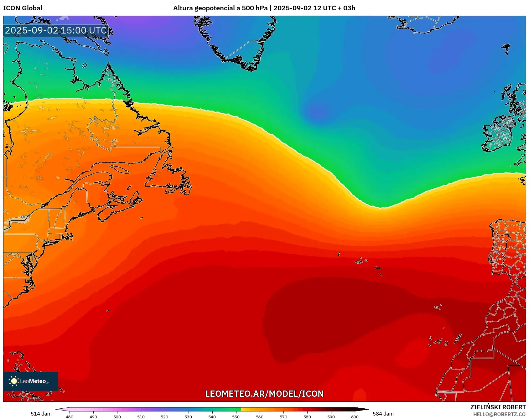 ICON model - Norte Atlántico, Altura geopotencial a 500 hPa ICON model - Norte Atlántico, Altura geopotencial a 500 hPa