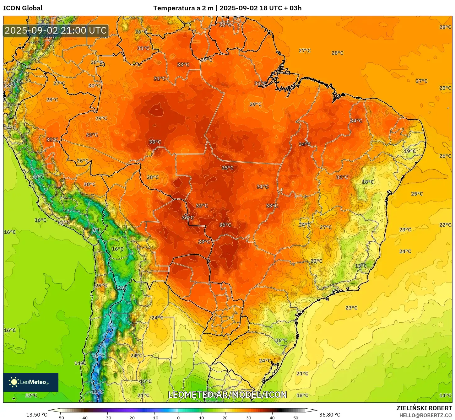 ICON model - Brasil, Temperatura a 2 m ICON model - Brasil, Temperatura a 2 m