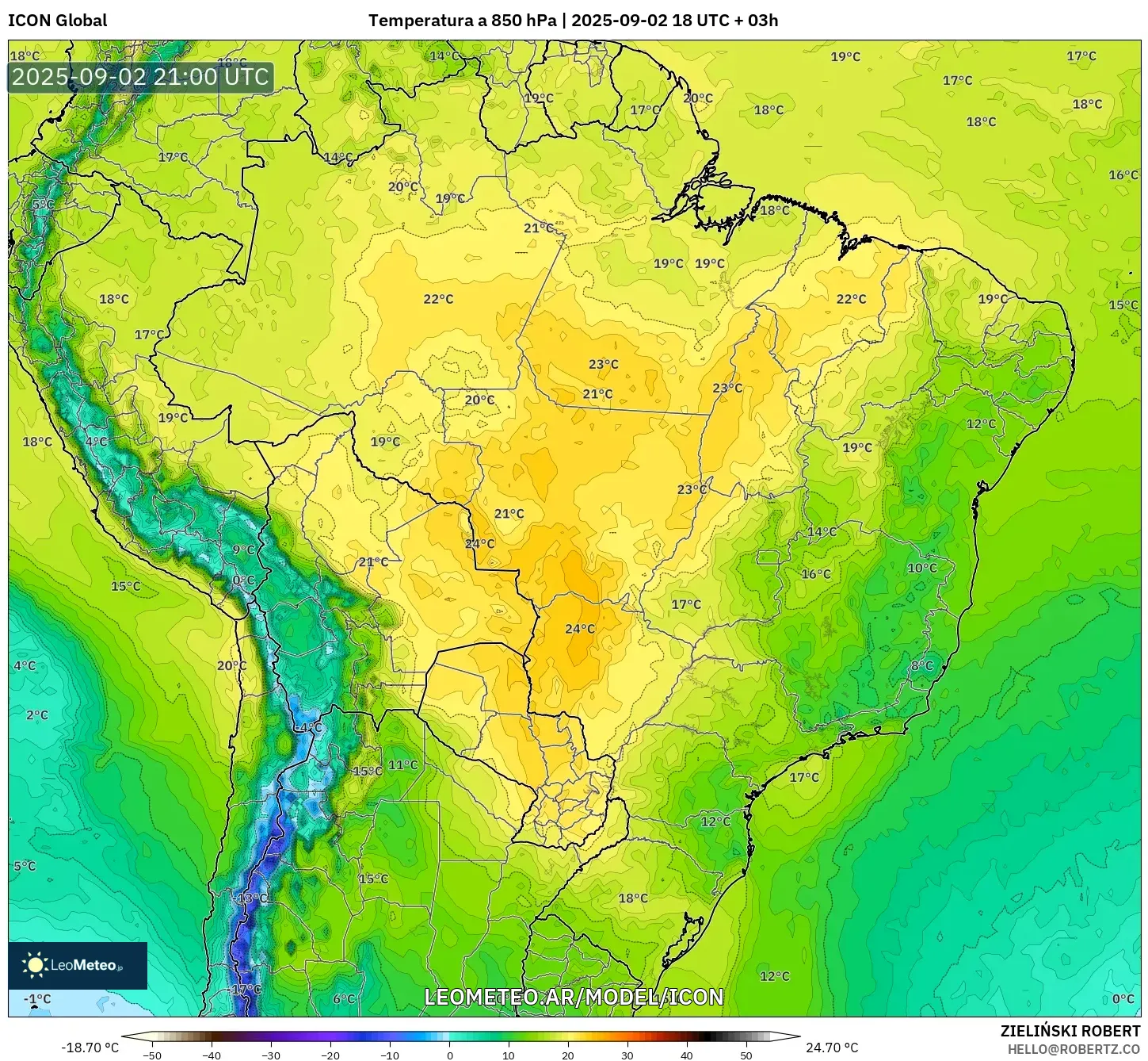 ICON model - Brasil, Temperatura a 850 hPa ICON model - Brasil, Temperatura a 850 hPa