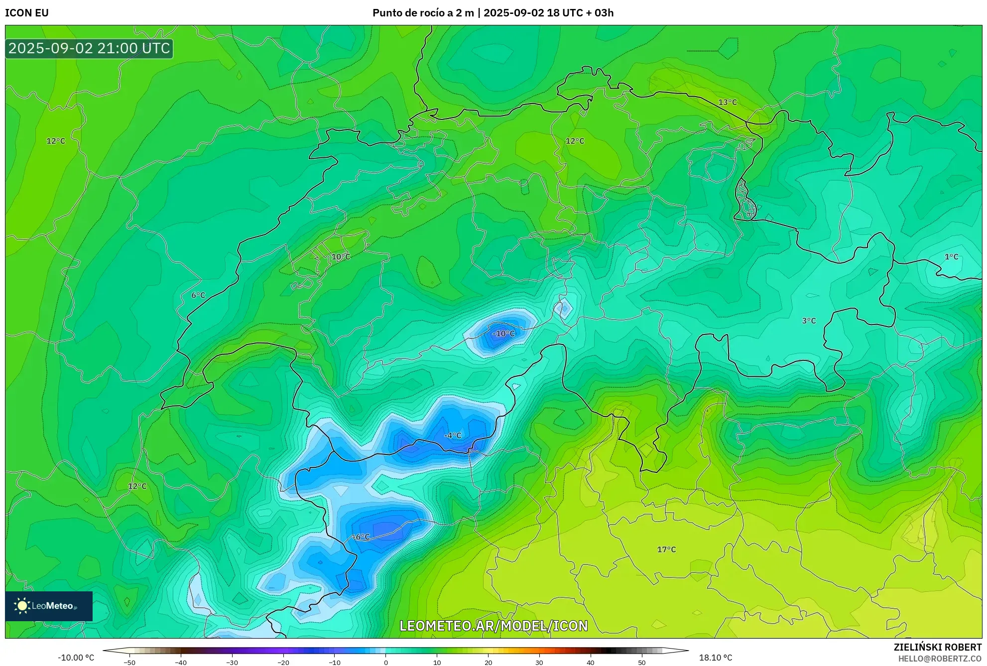 ICON model - Suiza, Punto de rocío a 2 m ICON model - Suiza, Punto de rocío a 2 m