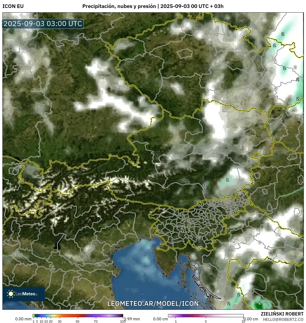 ICON model - Austria, Precipitación, nubes y presión ICON model - Austria, Precipitación, nubes y presión