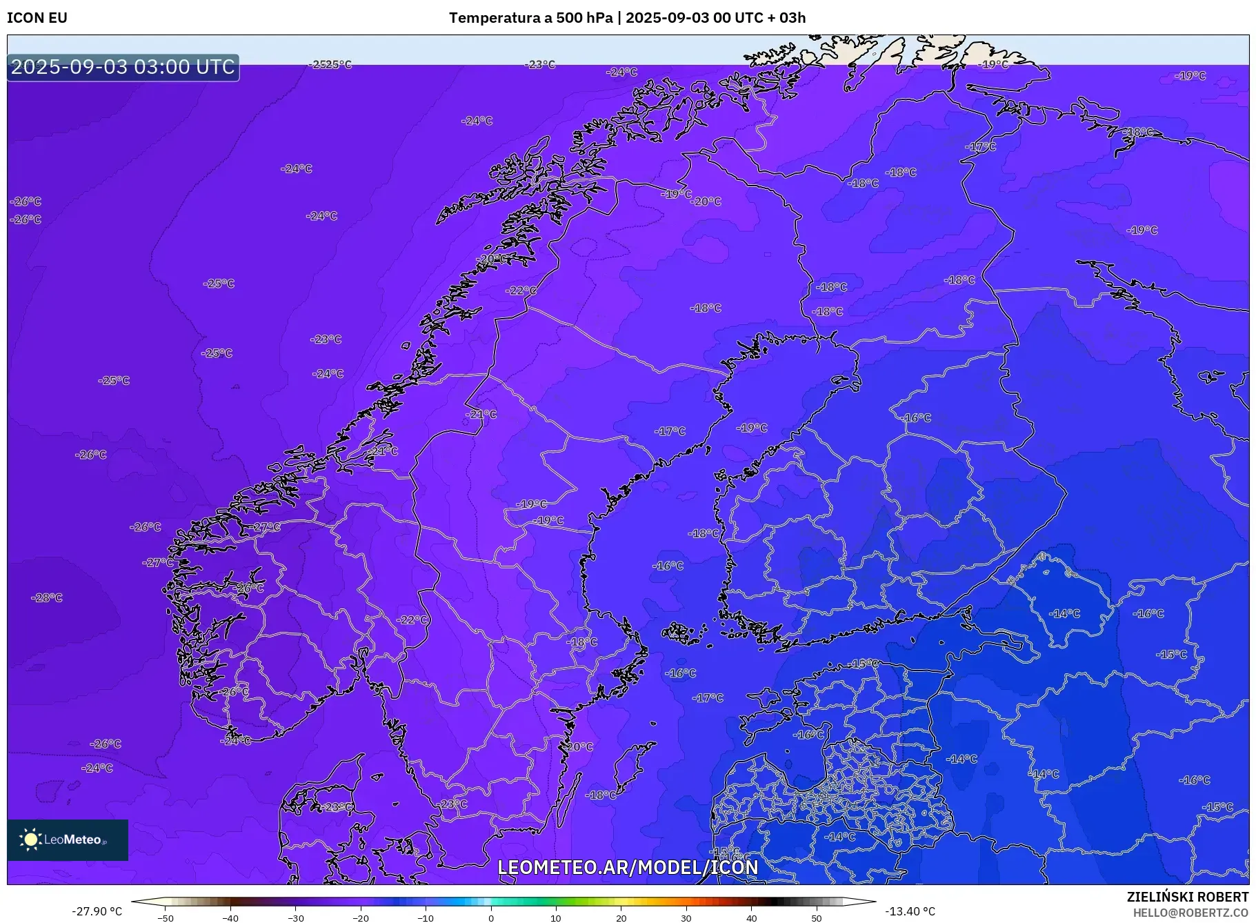 ICON model - Escandinavia, Temperatura a 500 hPa ICON model - Escandinavia, Temperatura a 500 hPa