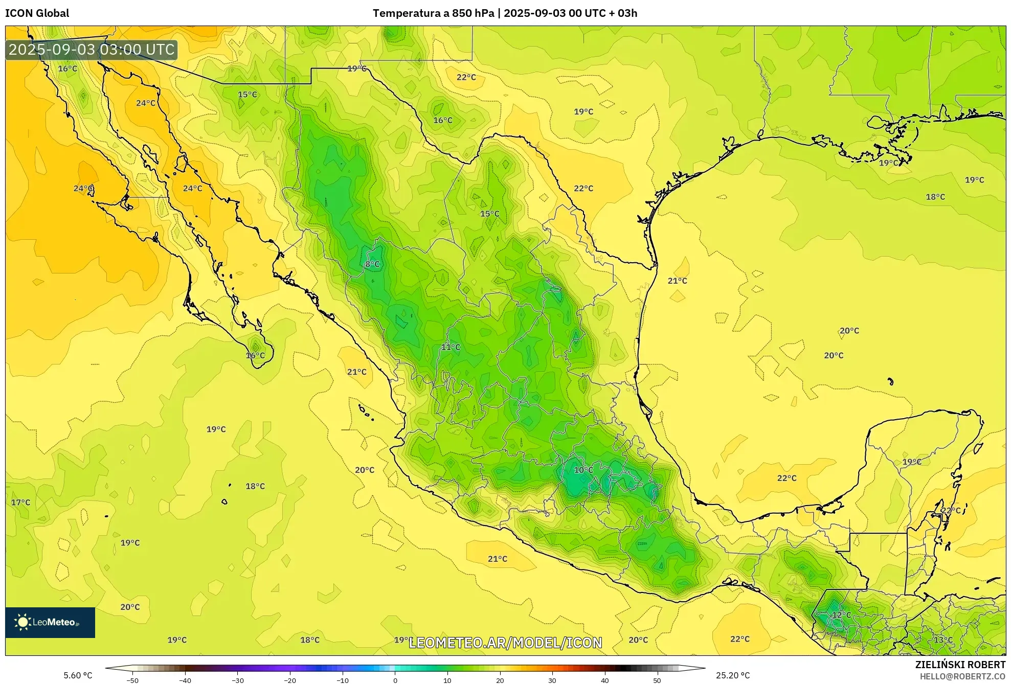 ICON model - México, Temperatura a 850 hPa ICON model - México, Temperatura a 850 hPa