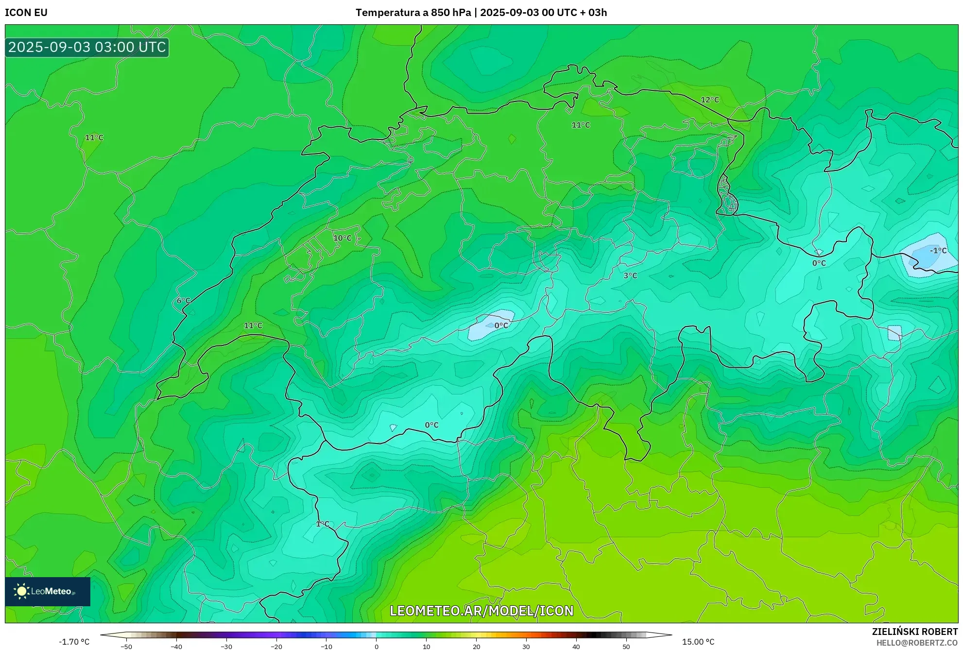 ICON model - Suiza, Temperatura a 850 hPa ICON model - Suiza, Temperatura a 850 hPa