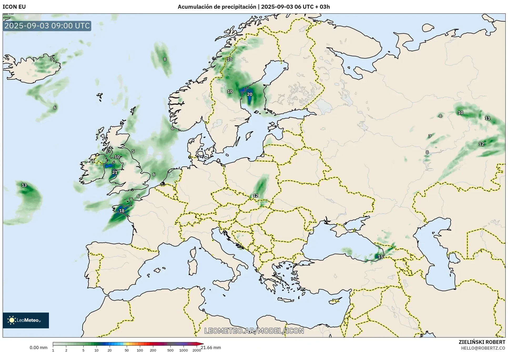 ICON model - Europa, Acumulación de precipitación ICON model - Europa, Acumulación de precipitación