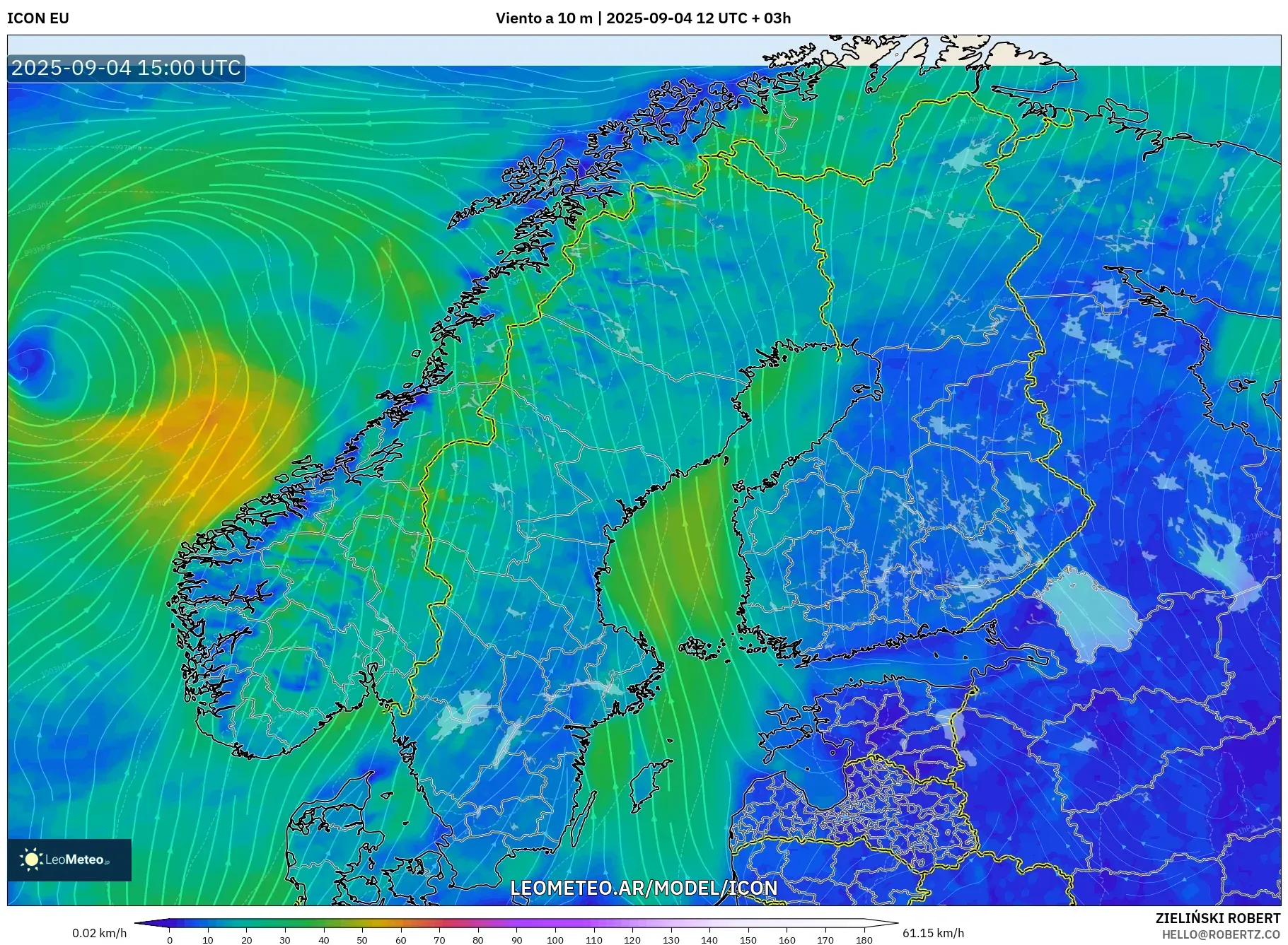 ICON model - Escandinavia, Viento a 10 m ICON model - Escandinavia, Viento a 10 m