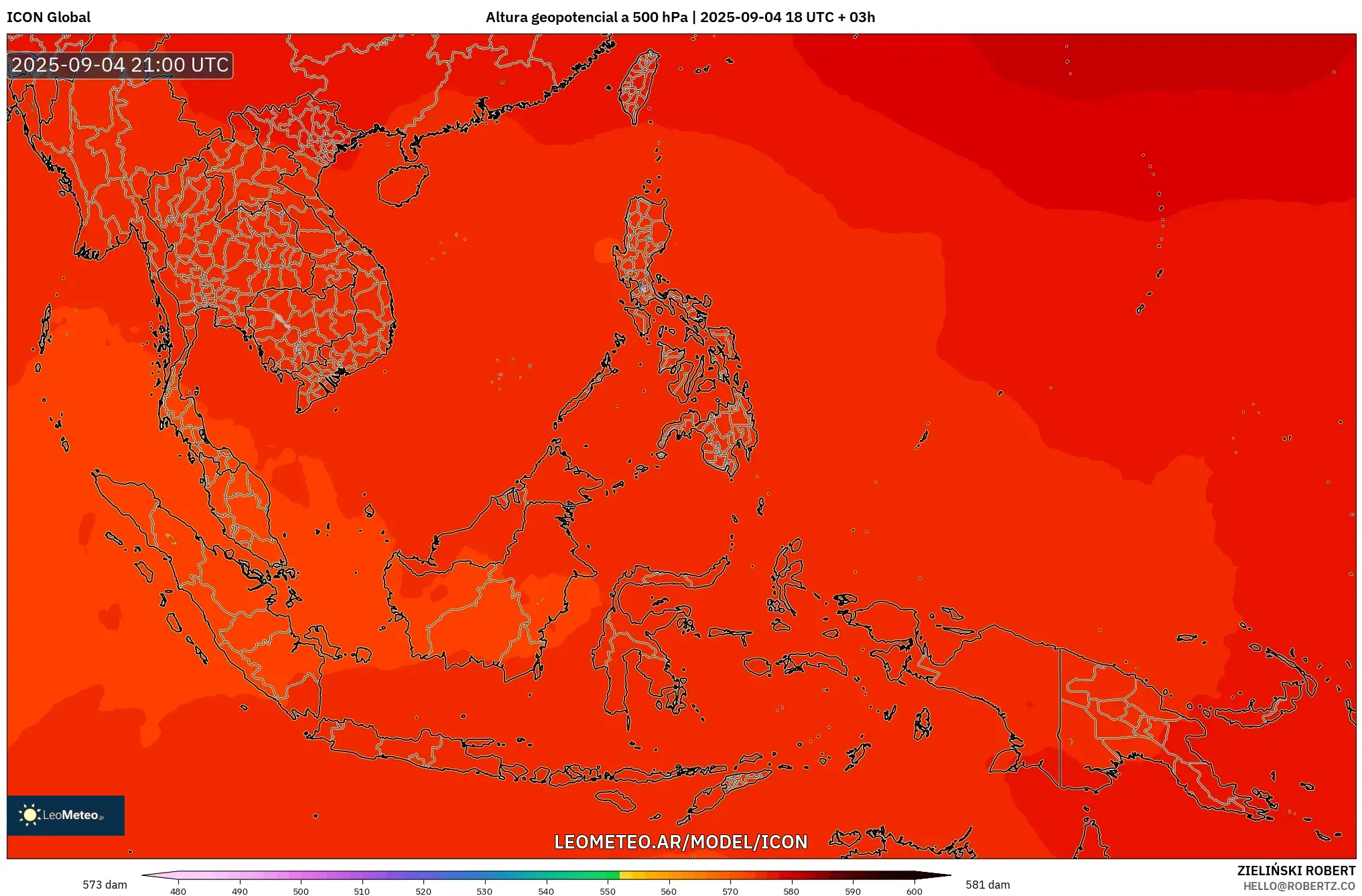 ICON model - Sudeste Asiático, Altura geopotencial a 500 hPa ICON model - Sudeste Asiático, Altura geopotencial a 500 hPa