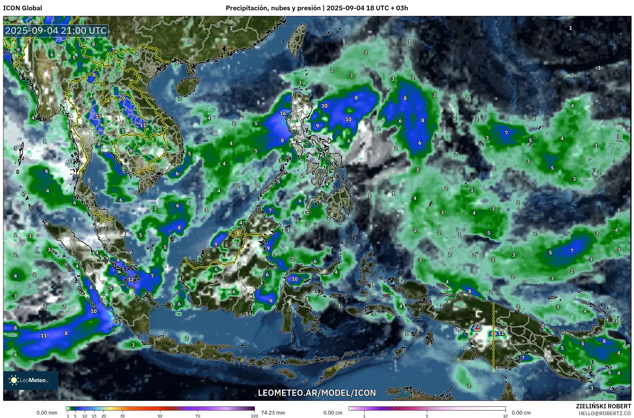 ICON model - Sudeste Asiático, Precipitación, nubes y presión ICON model - Sudeste Asiático, Precipitación, nubes y presión