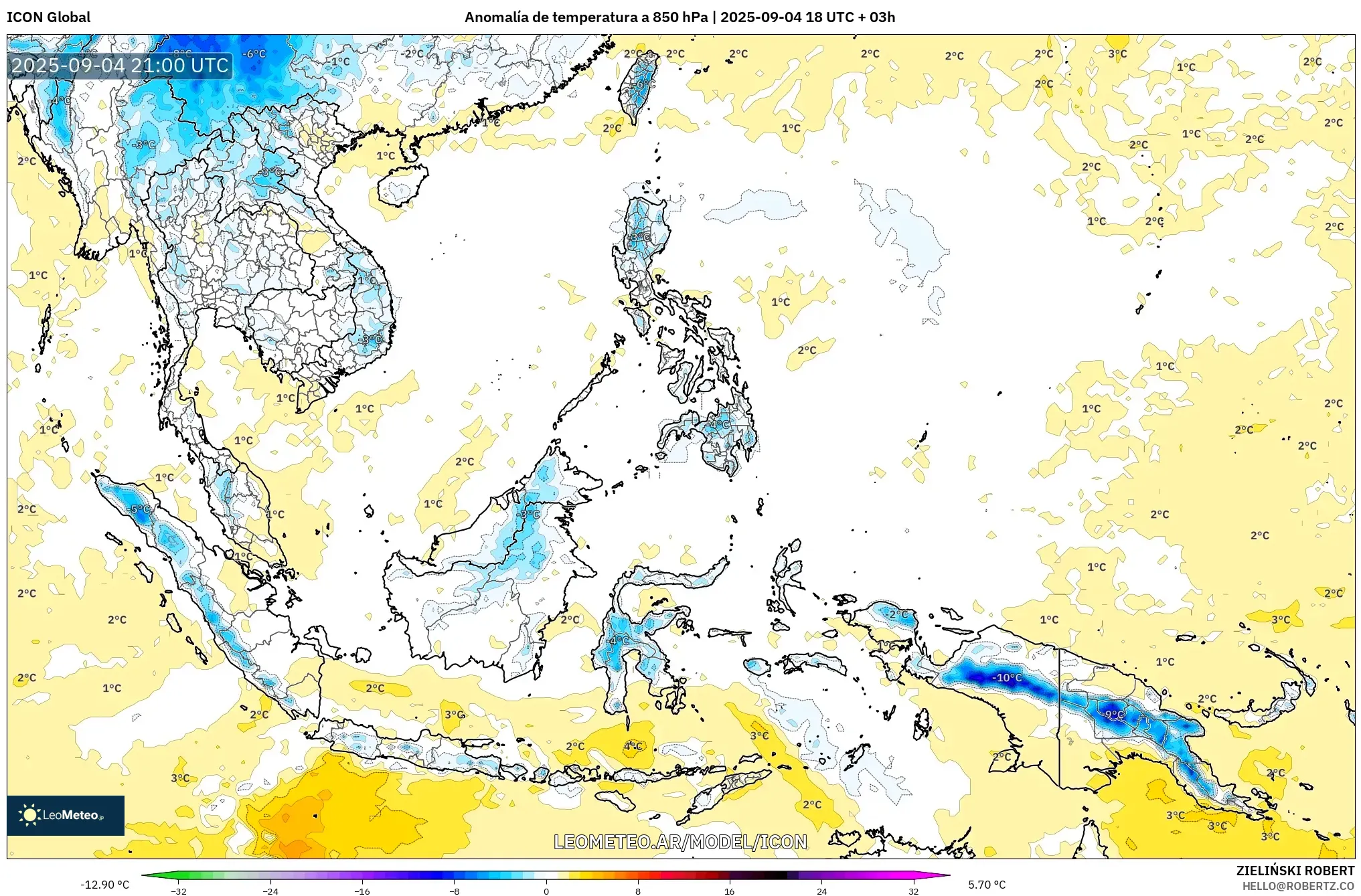 ICON model - Sudeste Asiático, Anomalía de temperatura a 850 hPa ICON model - Sudeste Asiático, Anomalía de temperatura a 850 hPa