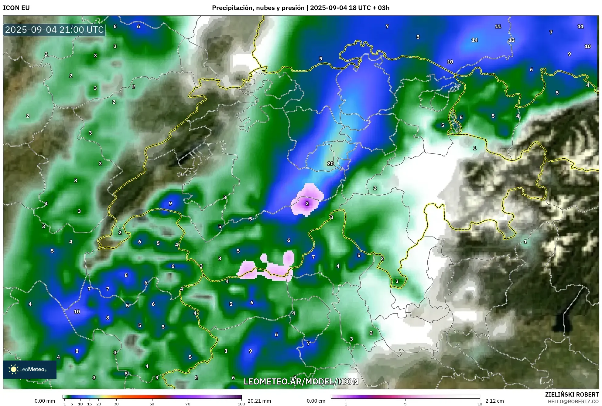 ICON model - Suiza, Precipitación, nubes y presión ICON model - Suiza, Precipitación, nubes y presión