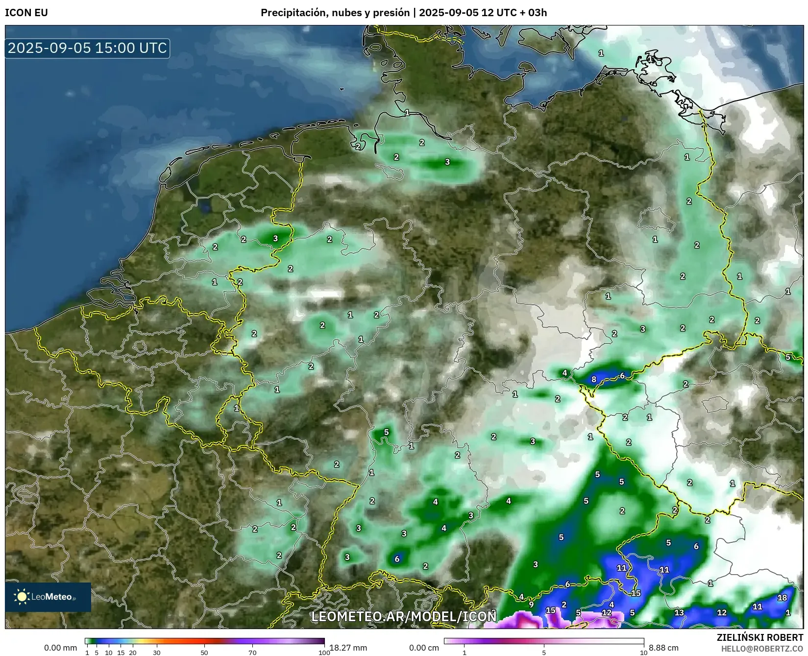ICON model - Alemania, Precipitación, nubes y presión