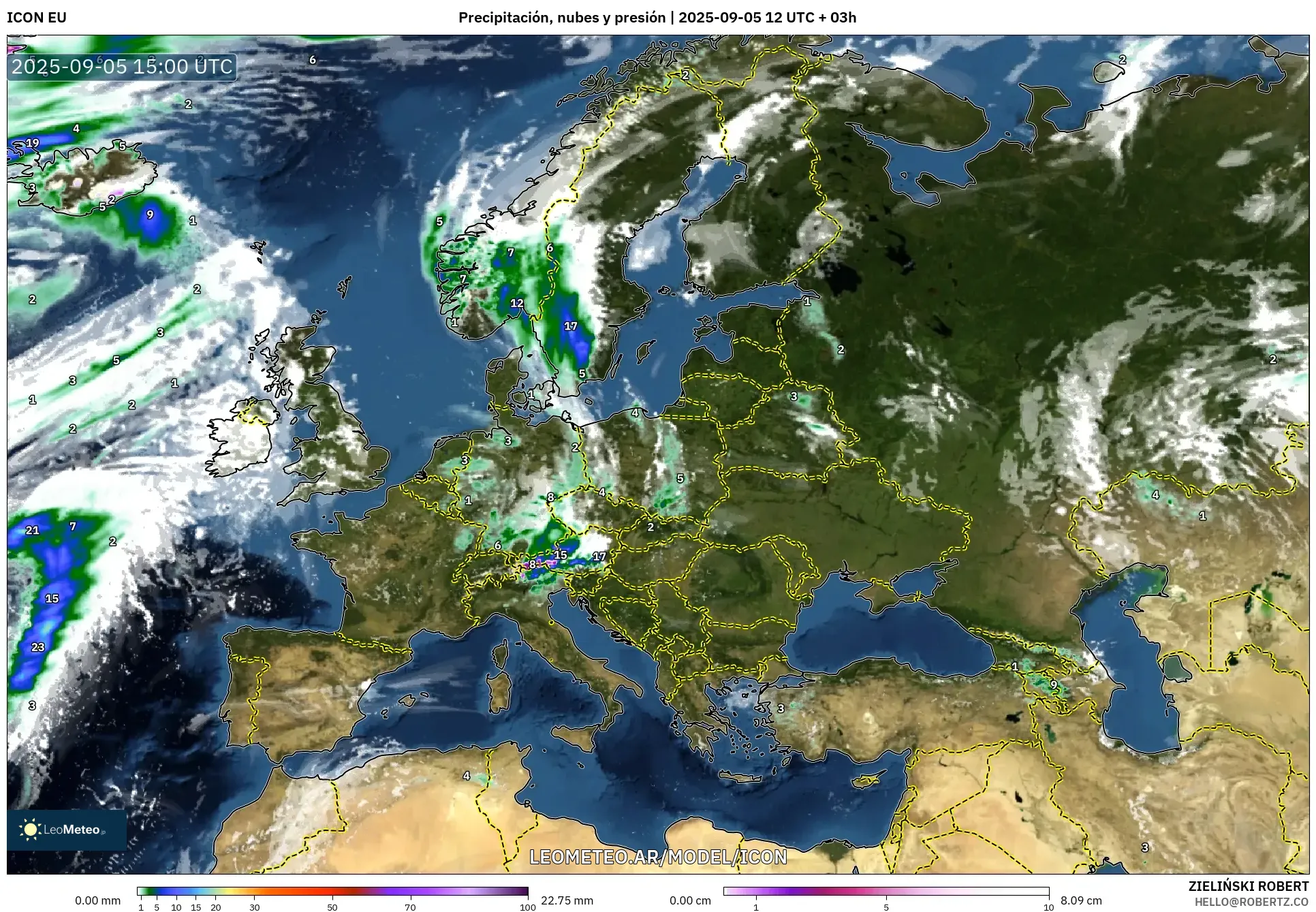 ICON model - Europa, Precipitación, nubes y presión
