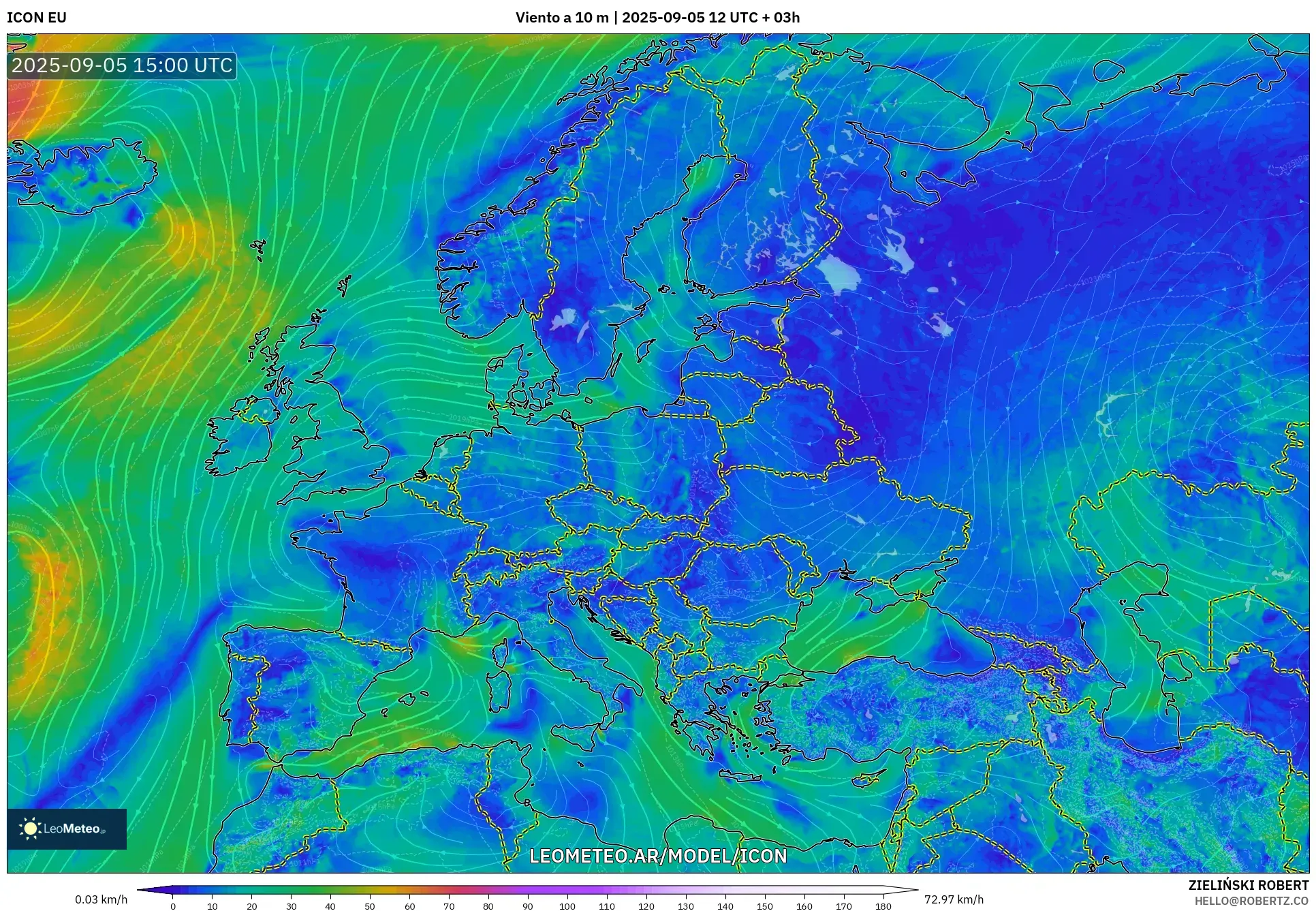 ICON model - Europa, Viento a 10 m