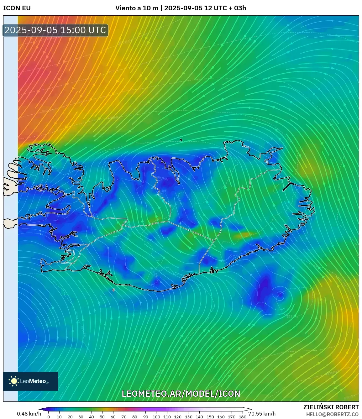 ICON model - Islandia, Viento a 10 m