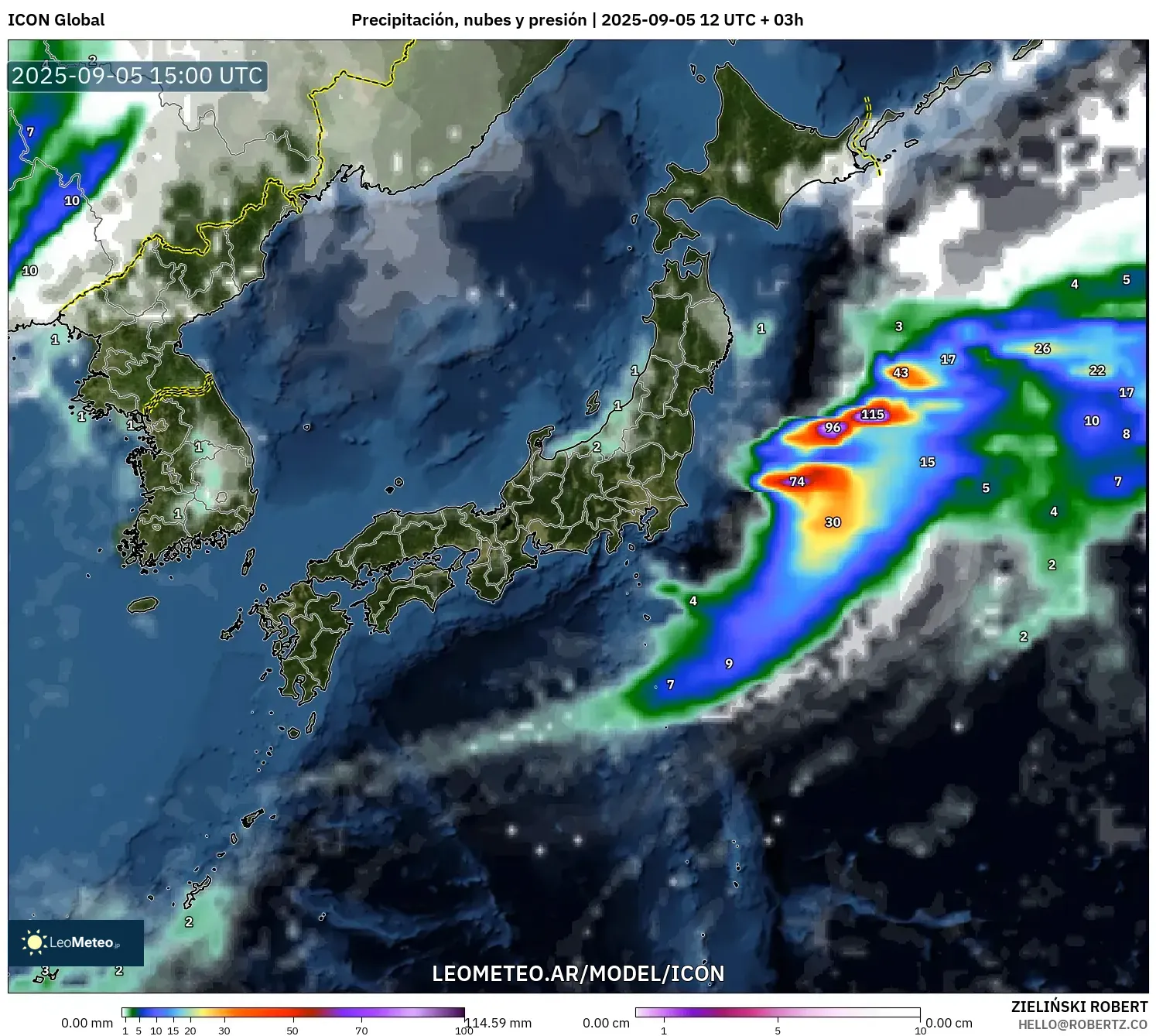 ICON model - Japón, Precipitación, nubes y presión