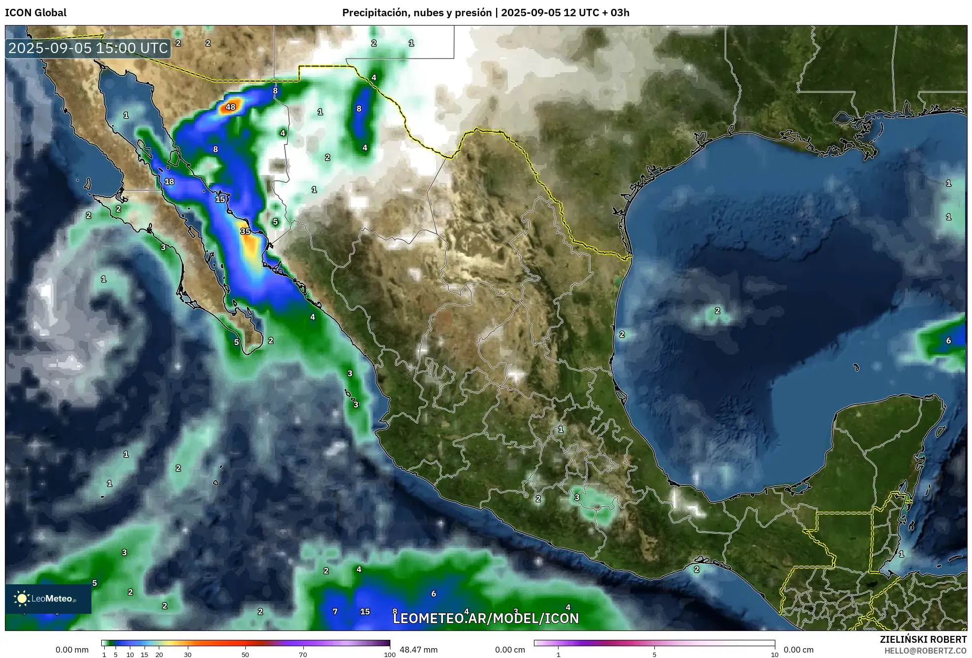 ICON model - México, Precipitación, nubes y presión