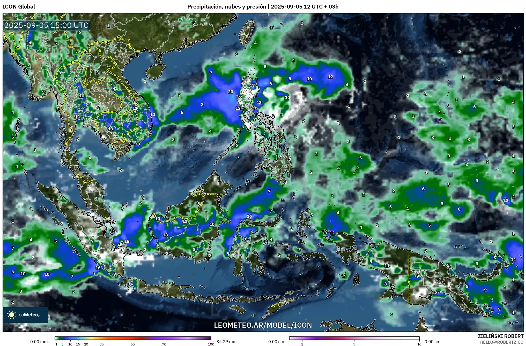 ICON model - Sudeste Asiático, Precipitación, nubes y presión