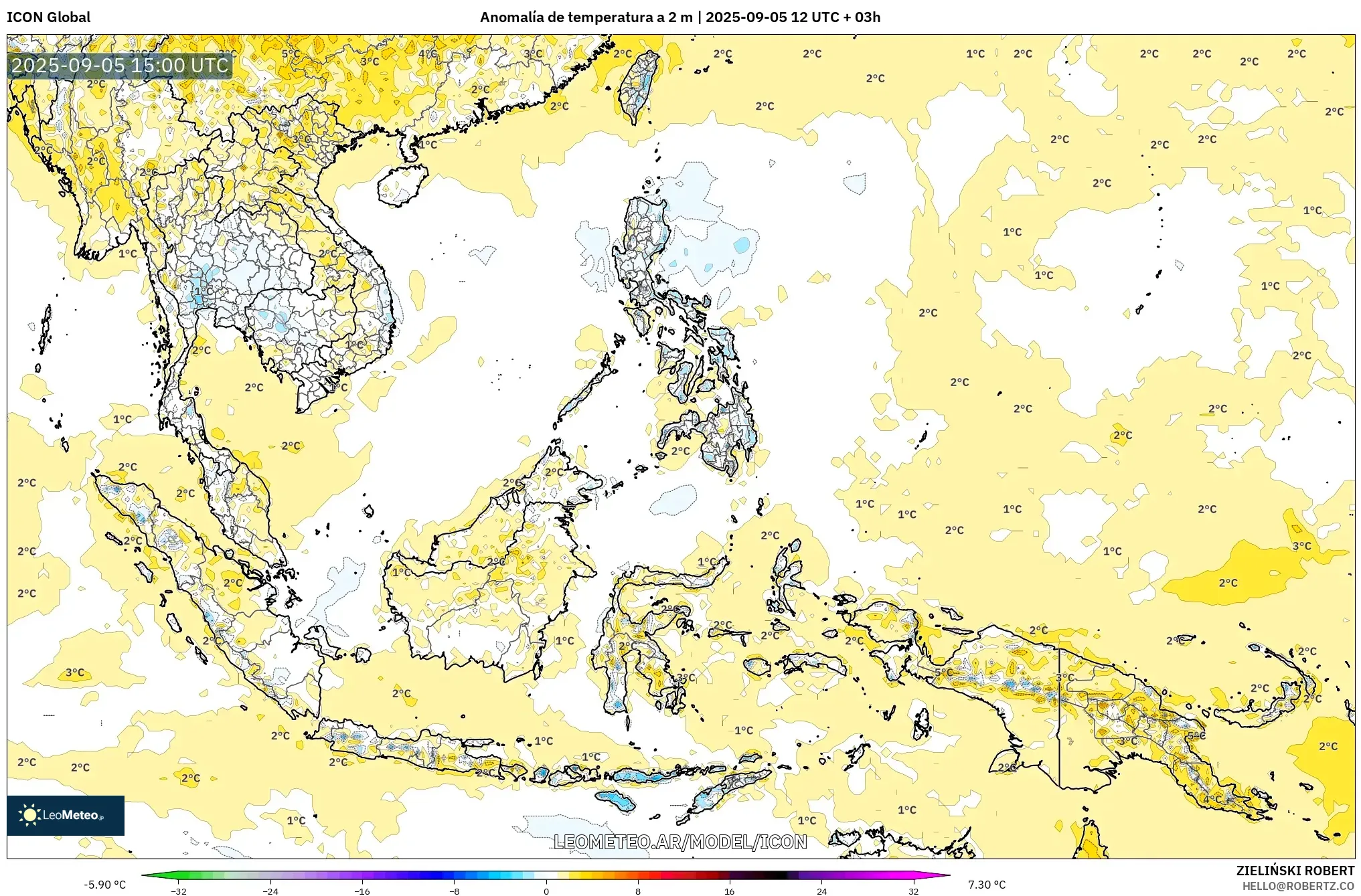 ICON model - Sudeste Asiático, Anomalía de temperatura a 2 m ICON model - Sudeste Asiático, Anomalía de temperatura a 2 m