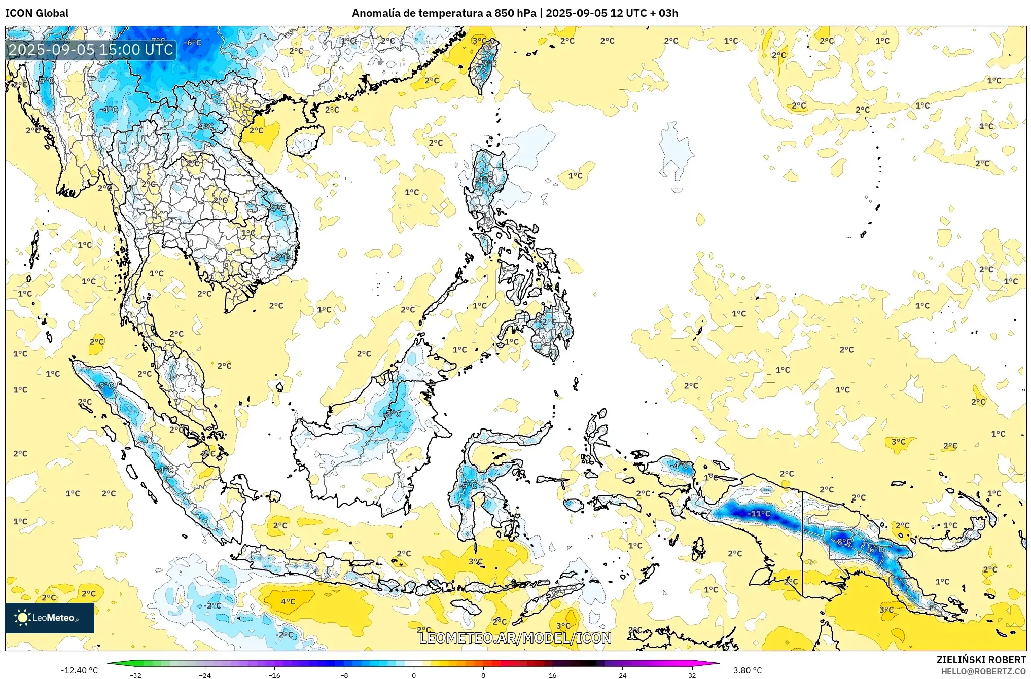 ICON model - Sudeste Asiático, Anomalía de temperatura a 850 hPa