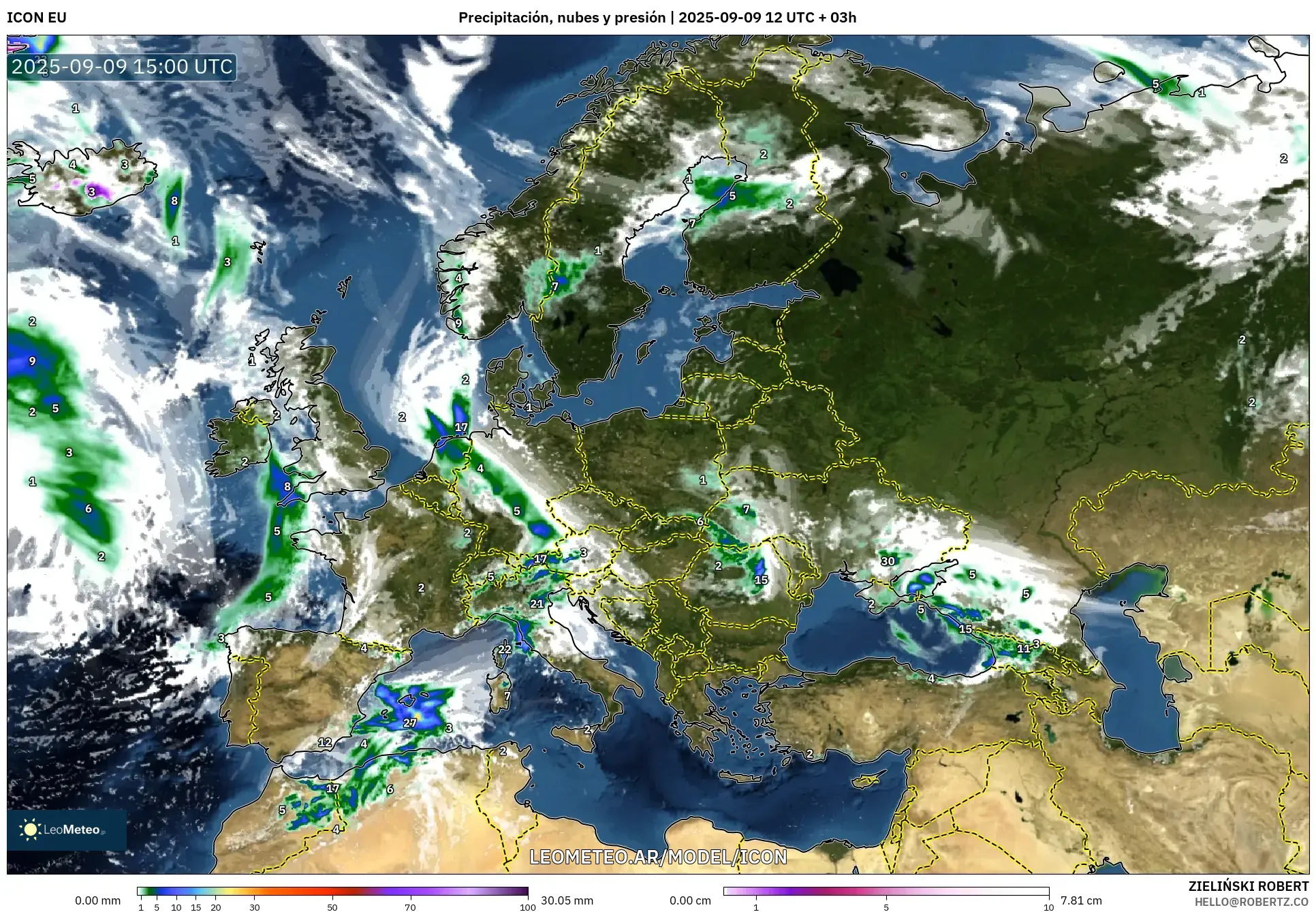 ICON model - Europa, Precipitación, nubes y presión ICON model - Europa, Precipitación, nubes y presión