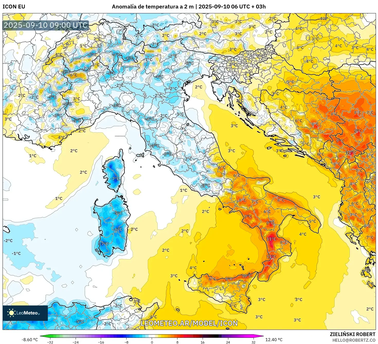 ICON model - Italia, Anomalía de temperatura a 2 m ICON model - Italia, Anomalía de temperatura a 2 m