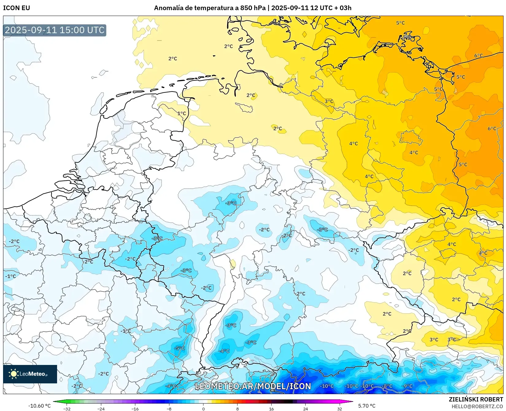 ICON model - Alemania, Anomalía de temperatura a 850 hPa ICON model - Alemania, Anomalía de temperatura a 850 hPa