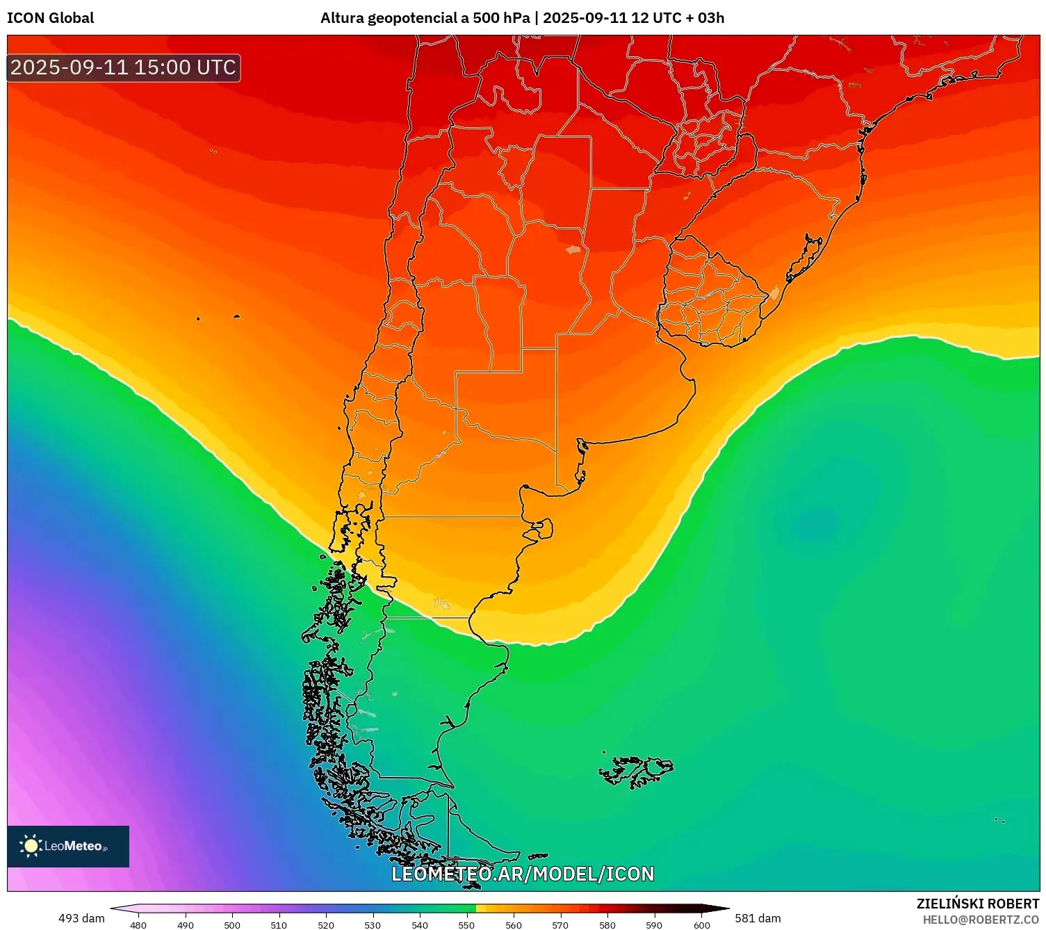 ICON model - Argentina, Altura geopotencial a 500 hPa