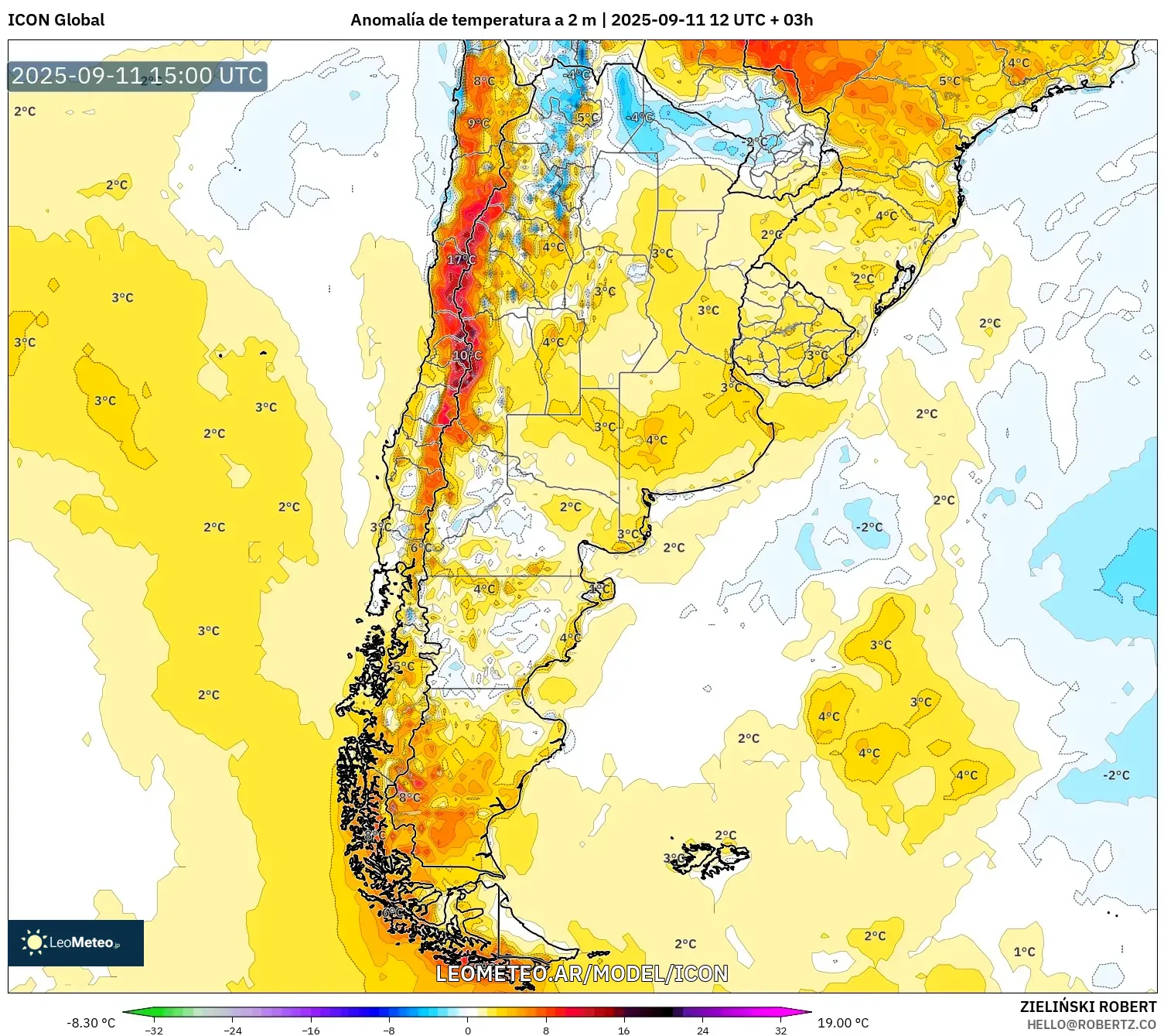 ICON model - Argentina, Anomalía de temperatura a 2 m