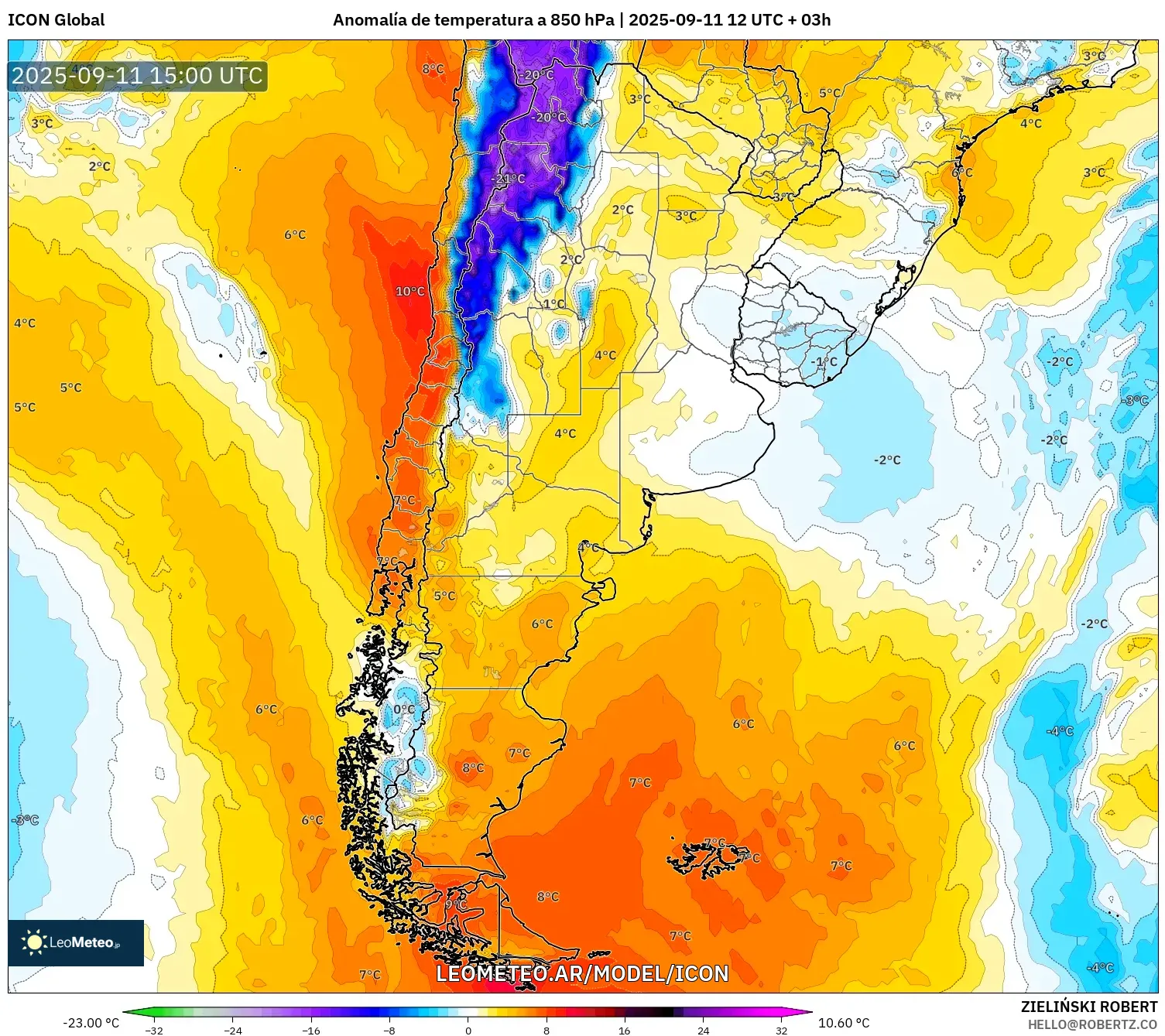 ICON model - Argentina, Anomalía de temperatura a 850 hPa ICON model - Argentina, Anomalía de temperatura a 850 hPa