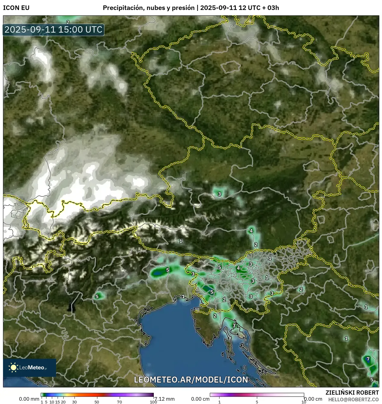 ICON model - Austria, Precipitación, nubes y presión
