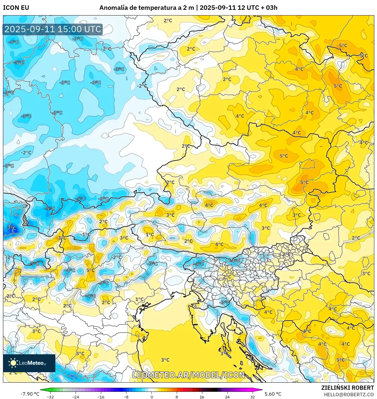 ICON model - Austria, Anomalía de temperatura a 2 m