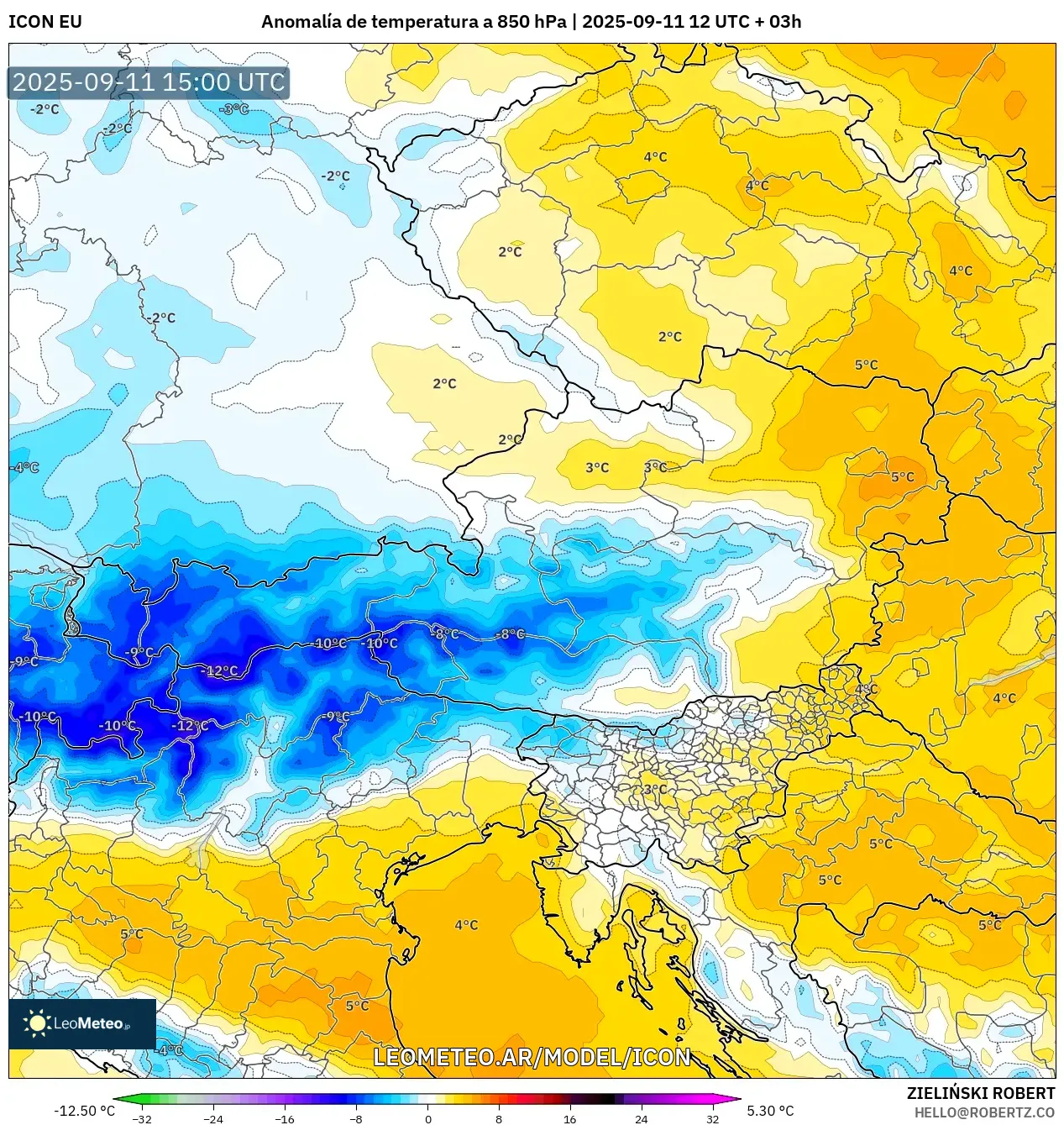 ICON model - Austria, Anomalía de temperatura a 850 hPa