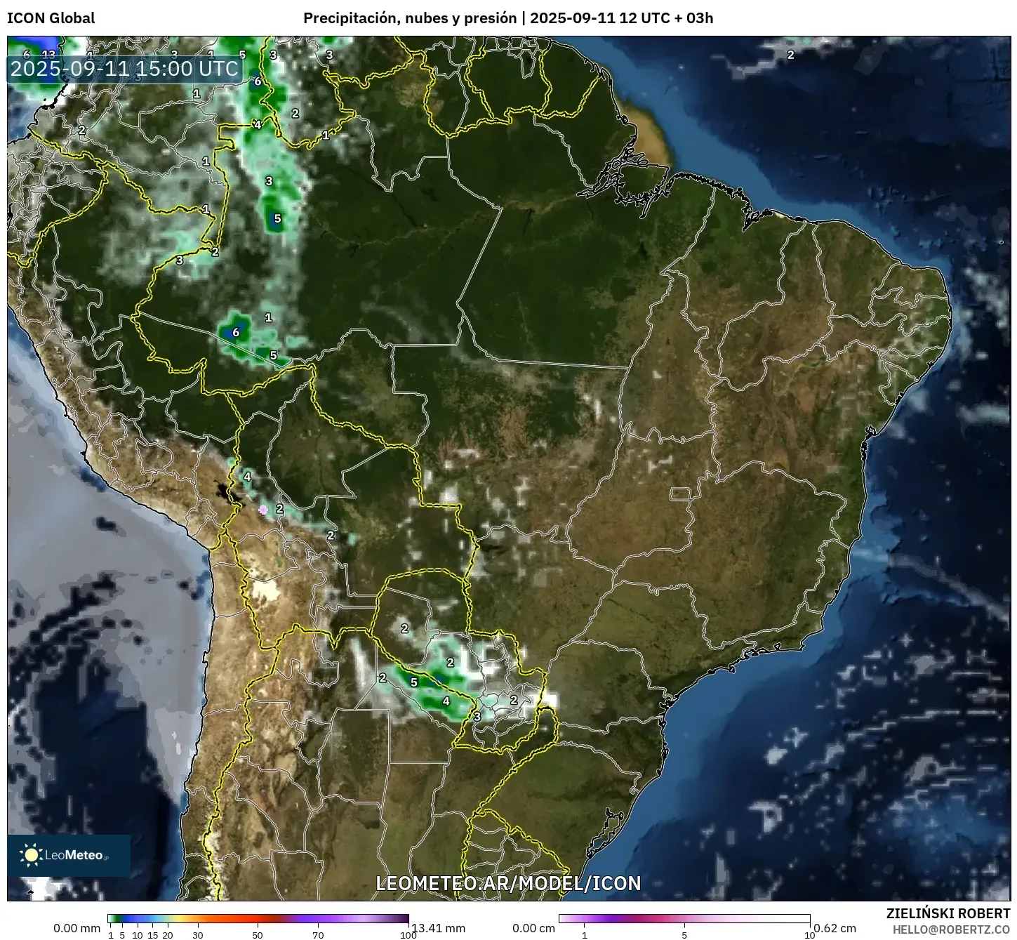 ICON model - Brasil, Precipitación, nubes y presión